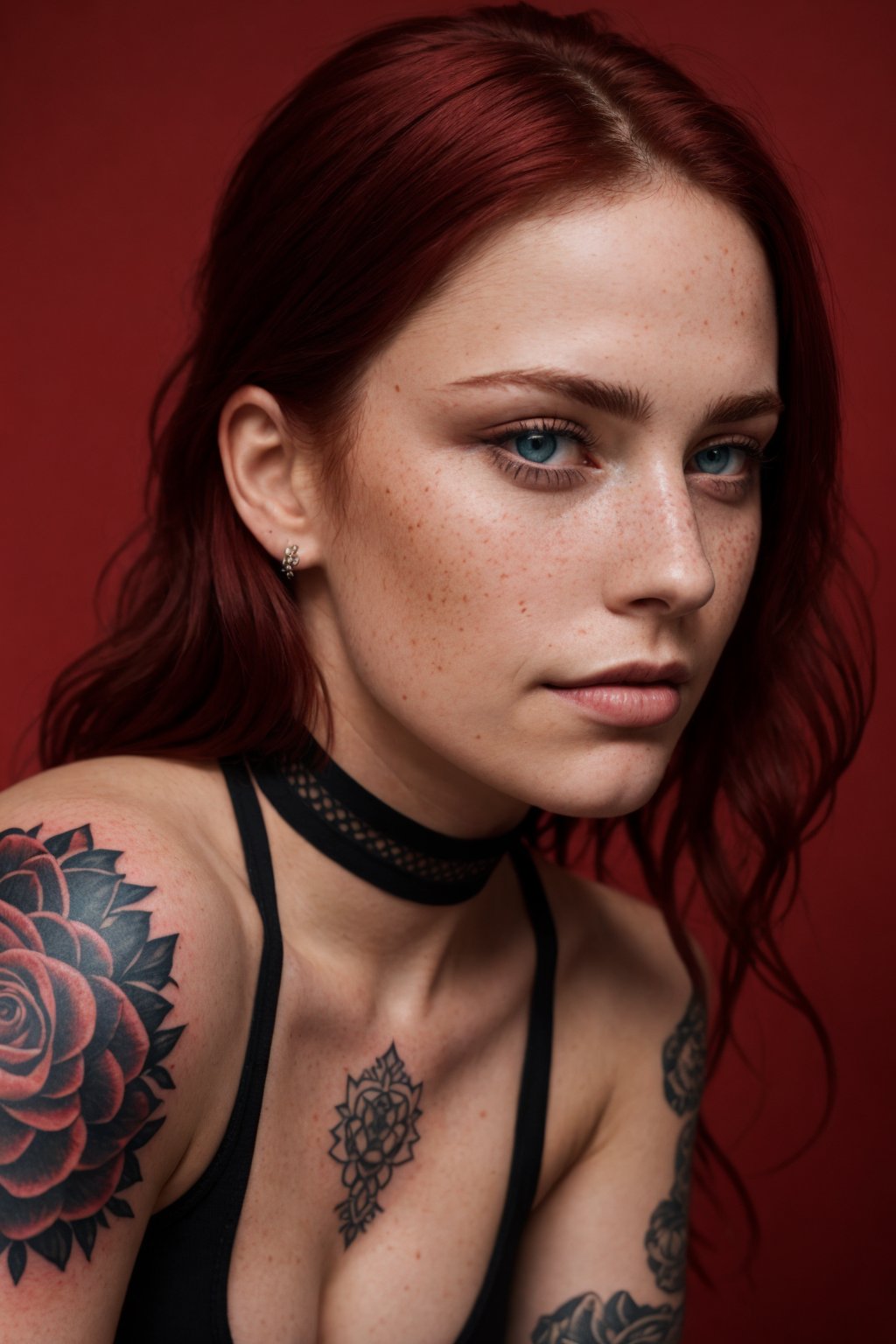 photo, rule of thirds, dramatic lighting, medium hair, detailed face, detailed nose, woman wearing tank top, freckles, collar or choker, smirk, tattoo, intricate background
,realism,realistic,raw,analog,woman,portrait,photorealistic,analog,ealism, big_boobies, black_skirt, uncensored, light_red_background, red_background, tattoos, face_tattoo, blue_eyes, red_hair, 8k