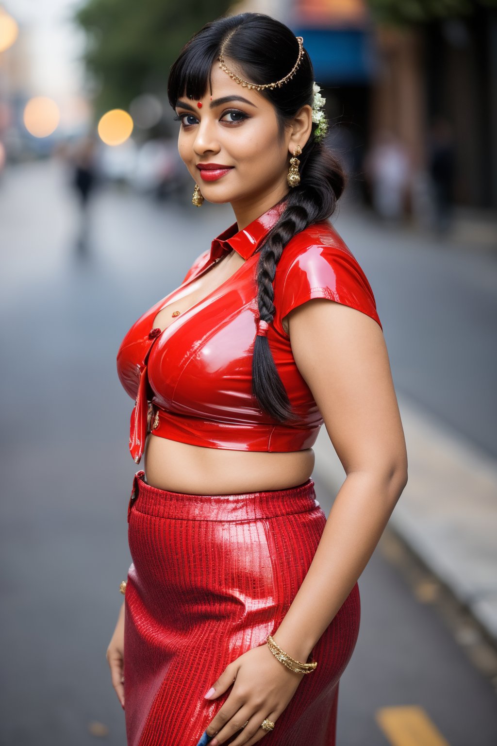 masterpiece, best quality, cute, kawaii, Long hair, wavy hair, Indian  hair, blue  eyes, swept bangs, , large open  breasts, button gap, braid, transparent   top, hairpin, necktie, depth of field, street, bokeh, night, portrait,30 year old  Indian Women,curvy body, standing, wearing high heels, latex red skirt