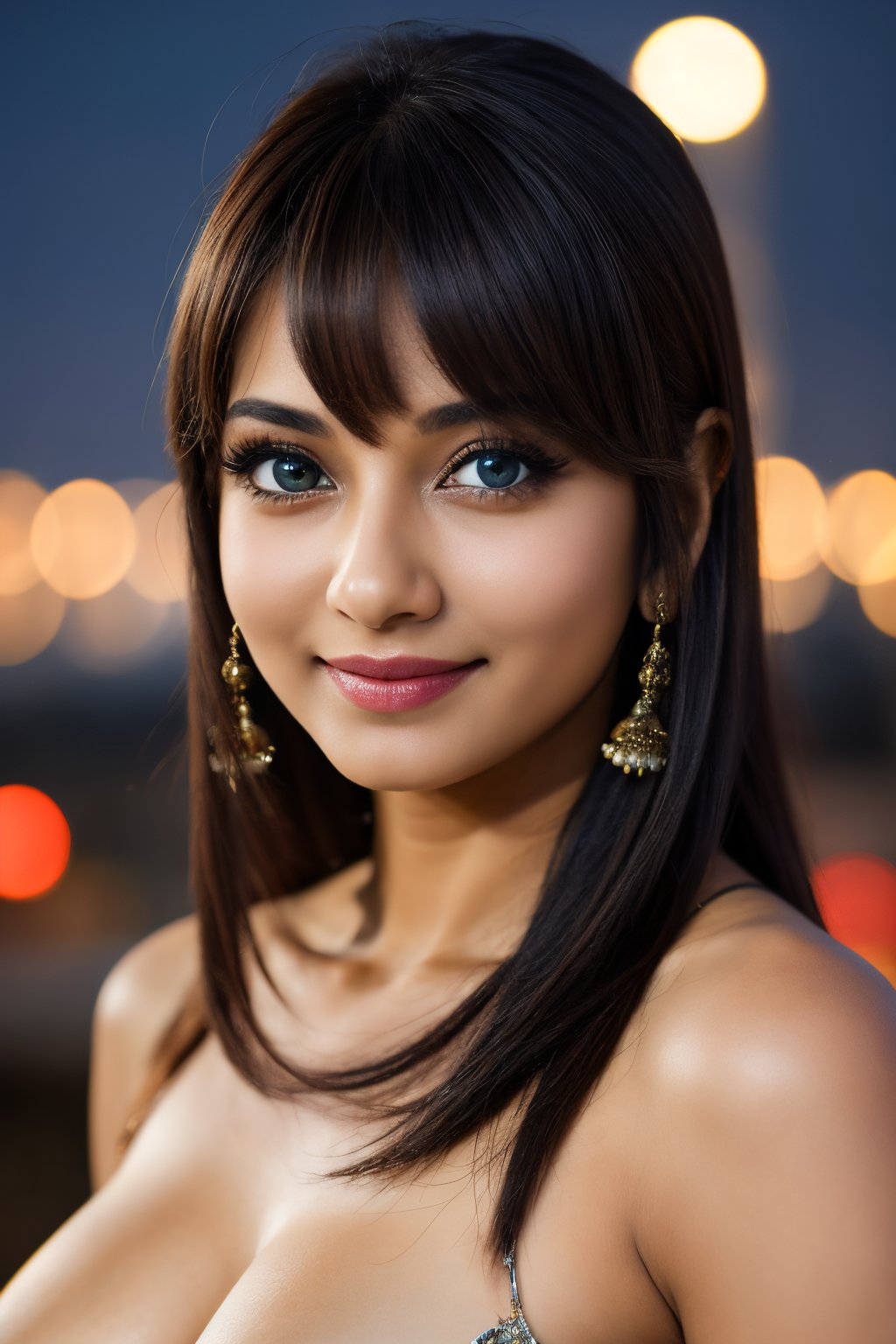 masterpiece, best quality indian women, cute, kawaii, medium hair,  blue eyes, swept bangs,   big open breasts,   , depth of field,   bokeh, night, 