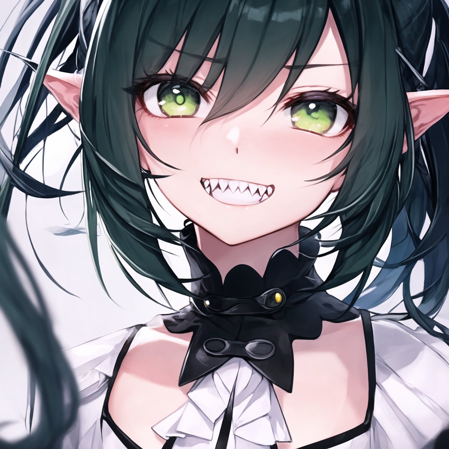 ánime girl , daytime, cool background, details on the character, green black hair, 4k quality, good quality, amazing, cute, focus on the character, detailed eyes, calm face, portrait, sharp_hair, pointed_teeth, sharp_ears