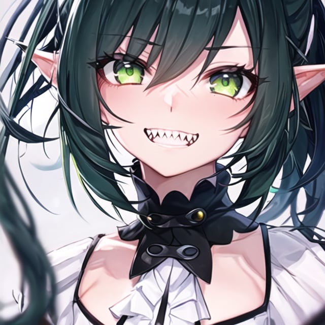 ánime girl , daytime, cool background, details on the character, green black hair, 4k quality, good quality, amazing, cute, focus on the character, detailed eyes, calm face, portrait, sharp_hair, pointed_teeth, sharp_ears