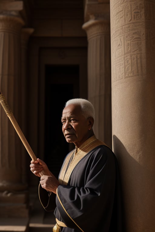 Create an image of the character Taita from the novel 'River God' by Wilbur Smith. Taita is an elderly man of African origin. He has a slender yet firm build, with an upright posture that reflects his wisdom and dignity. His face bears deep wrinkles that reveal years of accumulated experience and knowledge. He has piercing, shrewd eyes that shine with intelligence. His skin is dark-toned, contrasting with his graying hair, which is carefully combed back. Taita wears traditional Egyptian attire, consisting of a long, flowing robe in vibrant colors and jewelry adorned with Egyptian symbolism. In one hand, he holds an ancient papyrus, symbolizing his mastery of writing and history, while the other hand confidently rests on a staff, representing his wisdom and authority. The background of the image features elements of ancient Egypt, such as pillars and hieroglyphics, evoking the historical setting of the novel.,photorealistic,Realism