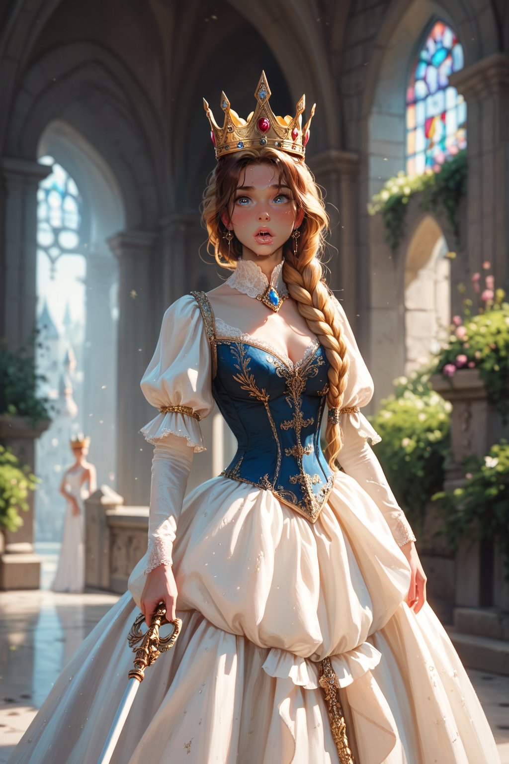 masterpiece, best quality, amazing quality, very aesthetic, depth of field, score_9, score_8, score_7, score_6

medieval queen, regal posture, long flowing gown adorned with gold embroidery, jeweled crown on her head, intricate braided hair, standing in a grand stone castle hall, soft natural lighting through stained glass windows, holding a royal scepter, powerful yet graceful expression, ultra-detailed, cinematic, 8k, masterpiece, historical realism, score_9, score_8_up, royal attire, elegant, majestic presence,fantasy,dress,landscapes,scifi,anime,portrait