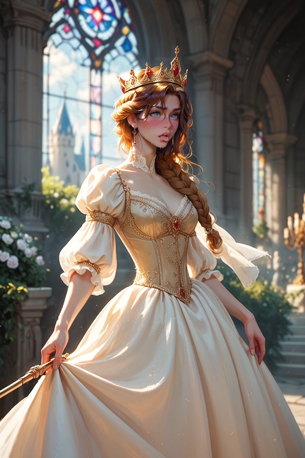 masterpiece, best quality, amazing quality, very aesthetic, depth of field, score_9, score_8, score_7, score_6

medieval queen, regal posture, long flowing gown adorned with gold embroidery, jeweled crown on her head, intricate braided hair, standing in a grand stone castle hall, soft natural lighting through stained glass windows, holding a royal scepter, powerful yet graceful expression, ultra-detailed, cinematic, 8k, masterpiece, historical realism, score_9, score_8_up, royal attire, elegant, majestic presence,fantasy,dress,landscapes,scifi,anime,portrait