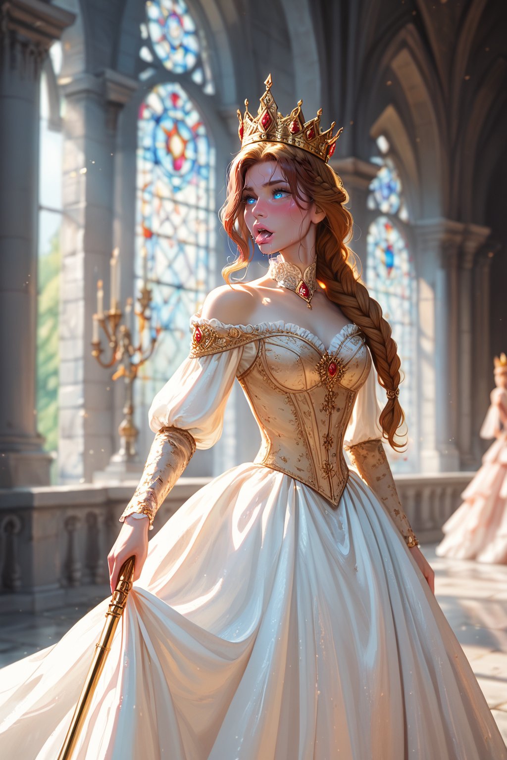 masterpiece, best quality, amazing quality, very aesthetic, depth of field, score_9, score_8, score_7, score_6

medieval queen, regal posture, long flowing gown adorned with gold embroidery, jeweled crown on her head, intricate braided hair, standing in a grand stone castle hall, soft natural lighting through stained glass windows, holding a royal scepter, powerful yet graceful expression, ultra-detailed, cinematic, 8k, masterpiece, historical realism, score_9, score_8_up, royal attire, elegant, majestic presence,fantasy,dress,landscapes,scifi,anime,portrait