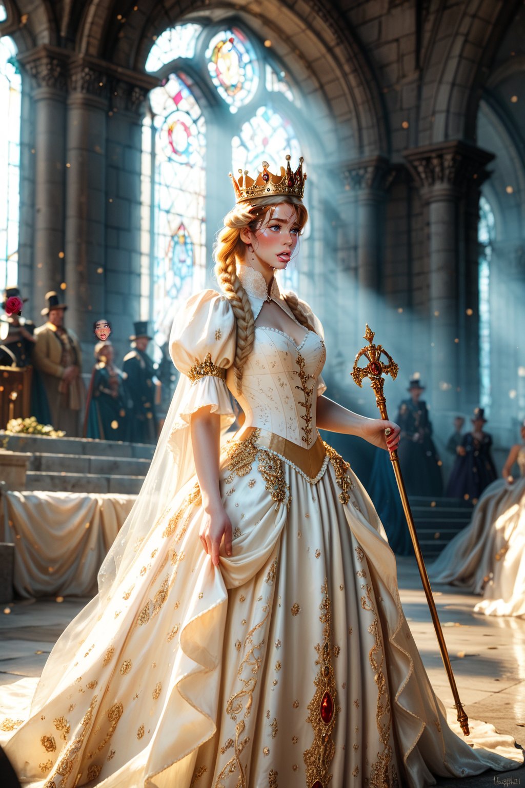 masterpiece, best quality, amazing quality, very aesthetic, depth of field, score_9, score_8, score_7, score_6

medieval queen, regal posture, long flowing gown adorned with gold embroidery, jeweled crown on her head, intricate braided hair, standing in a grand stone castle hall, soft natural lighting through stained glass windows, holding a royal scepter, powerful yet graceful expression, ultra-detailed, cinematic, 8k, masterpiece, historical realism, score_9, score_8_up, royal attire, elegant, majestic presence