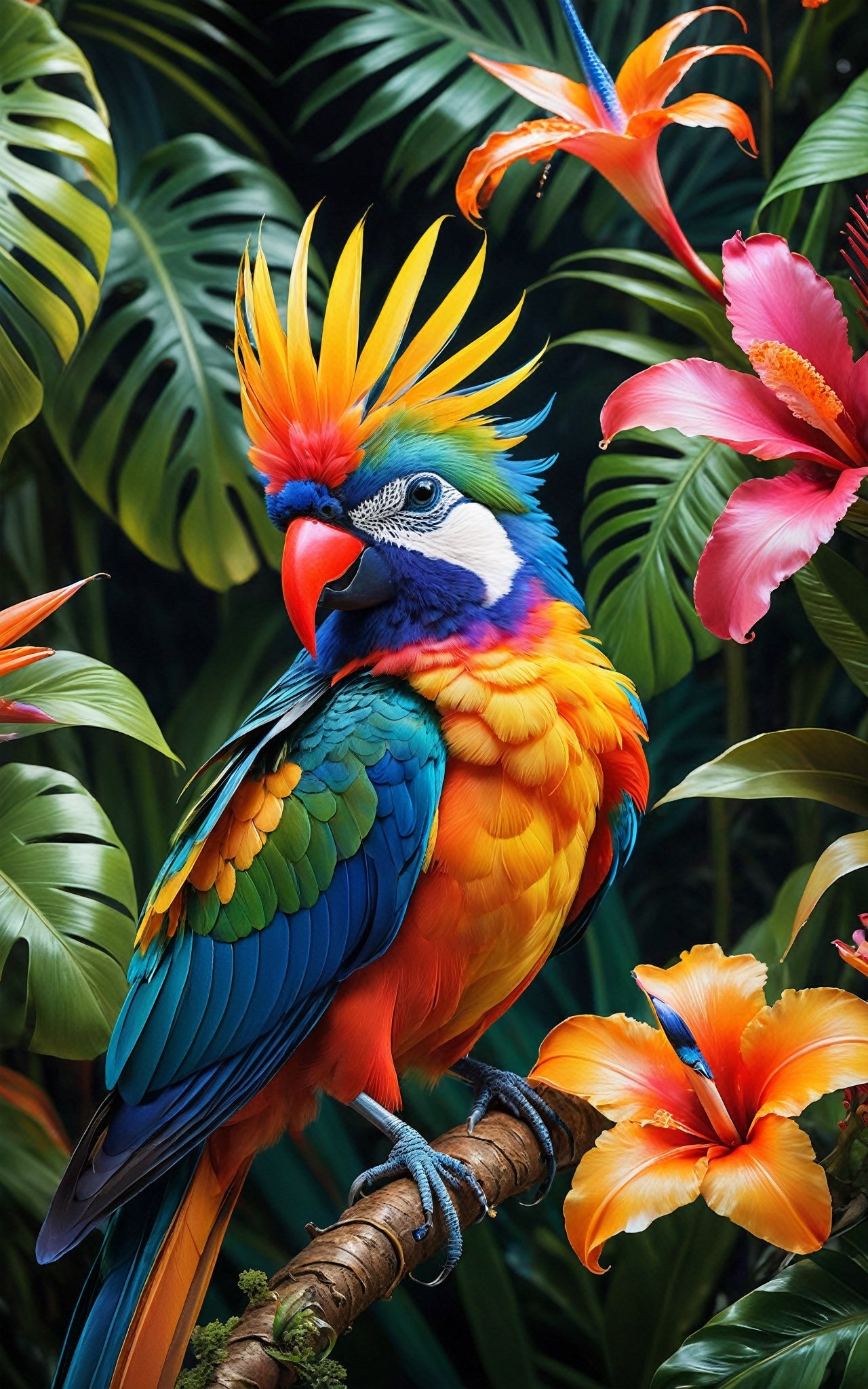 A breathtakingly beautiful tropical flower and a dazzling tropical bird are depicted in this stunning masterpiece. The intricate details of the tiny spirit female and the vibrant colors of the surroundings are captured with incredible precision in a wide-angle photograph of exceptionally sharp focus and high resolution. The image showcases the exquisitely delicate features of the flower and the mesmerizing plumage of the bird, creating a visual feast for the eyes. The high quality of this artwork allows viewers to fully appreciate the intricate beauty and colorful splendor of these tropical wonders.,Digital painting 