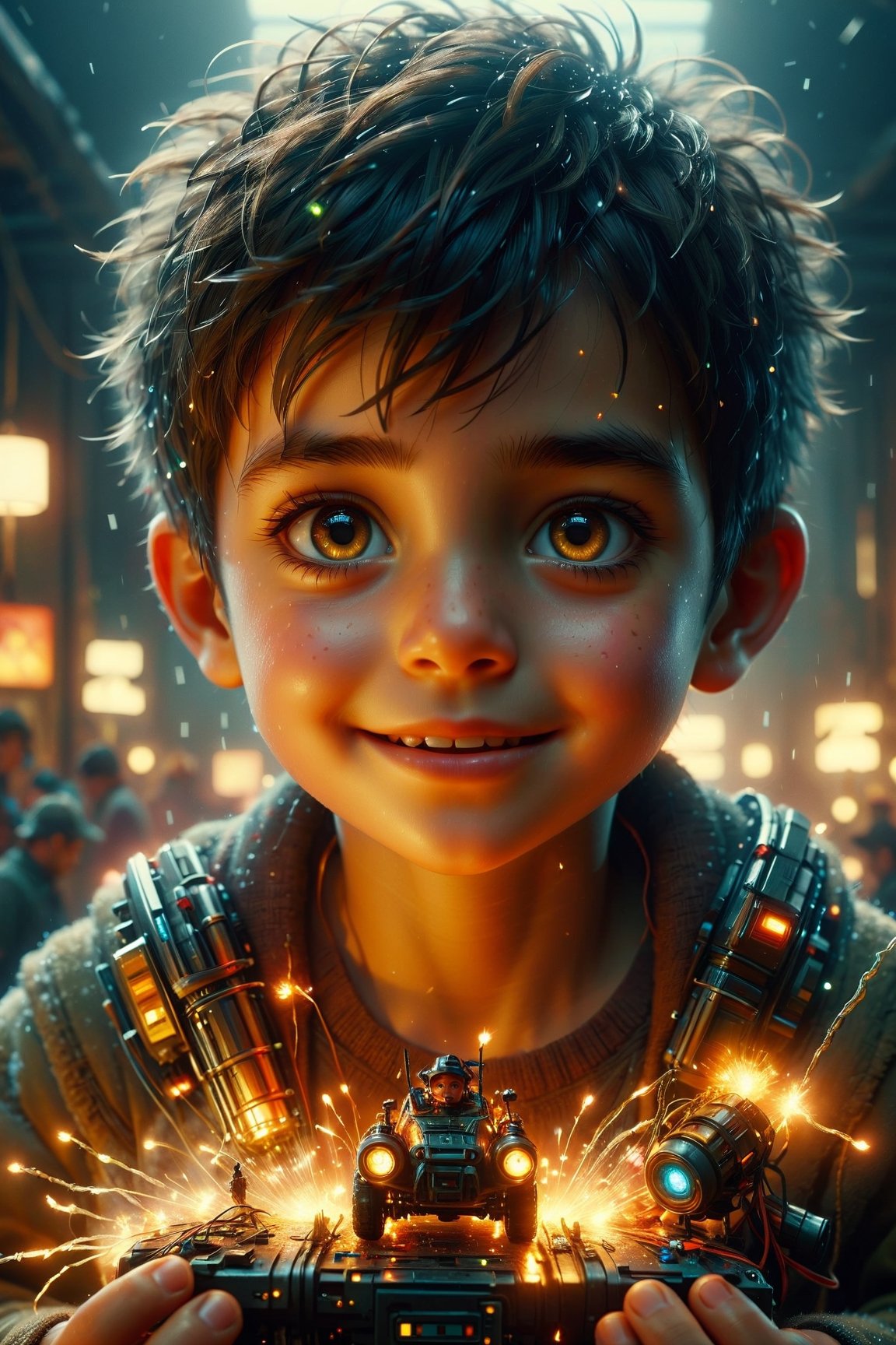 a  kid extremly happy, big eyes, extreme expression, after receiveing a gift having fun, trending on artstation, 4k  , sharp focus, emitting diodes, smoke, artillery, sparks, racks, system unit, motherboard, by pascal blanche rutkowski repin artstation hyperrealism painting concept art of detailed character design matte painting, 4 k resolution blade runner