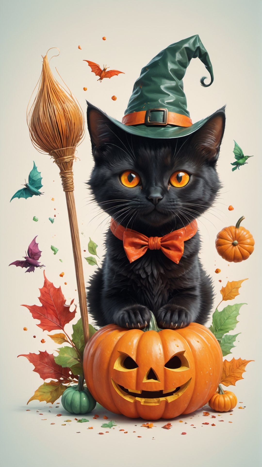 A detailed illustration of a print of a colorful cute black cat rides a broom has orange eyes and it wear witch hat and hold a book and peen next to a cute Halloween Pumpkin, hyper realistic high quality, t-shit desing graphic, vector, carton, contour, fantasy swirls splash, modern t-shirt design, in the style of Studio Ghibli, light white  red and green pastel tetradic colors, 3D vector art, cute and quirky, fantasy art, watercolor effect, bokeh, Adobe Illustrator, hand-drawn, digital painting, low-poly, soft lighting, bird's-eye view, isometric style, retro aesthetic, focusedon the character, 4K resolution, photorealistic rendering, usingCinema 4D, isolated in a white background