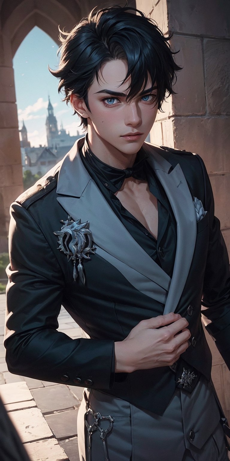 1boy, (man), manly body, anime, extremely detailed, hyper detailed, (broad shoulders), (PERFECT FACE), illustration, soft lighting, 2d, intricate, cowboy shot, detailed eyes, black hair, short hair, teal eyes, sexy, toned, black tuxedo, (outside), castle tower
