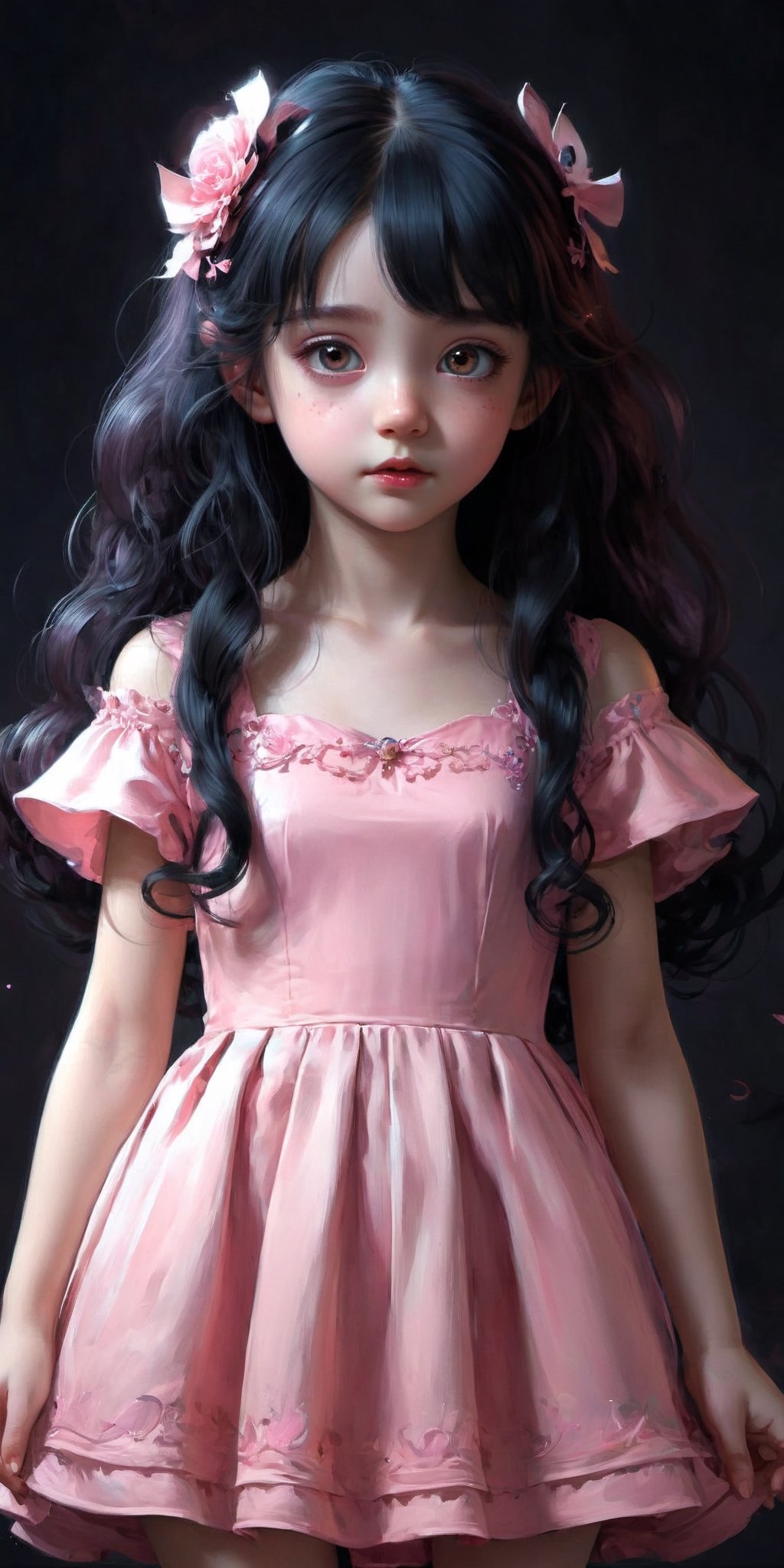 a girl with long black hair wearing a pink dress, a digital painting, inspired by WLOP, creepy child, high detailed cartoon, with haunted eyes and curly hair, character designs painting, 3 d character concept artwork, style of dragan bibin, small curvy loli, diego dayer, girl in a dress, wide angle