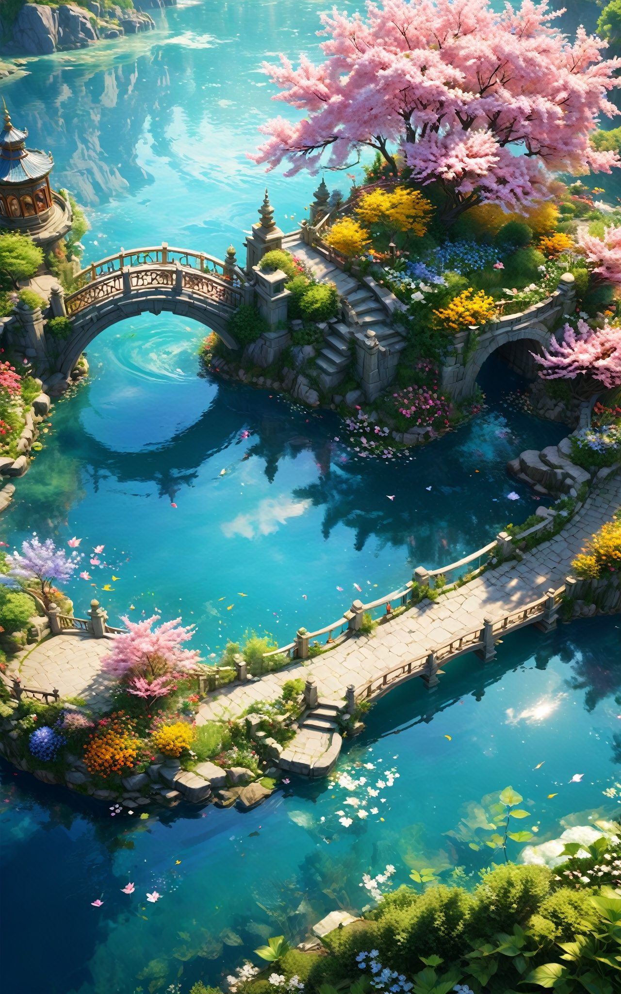 (extremely detailed CG unity 8k wallpaper),(((masterpiece))), (((best quality))), ((ultra-detailed)), (best illustration),(best shadow), ((an extremely delicate and beautiful)),dynamic angle,floating, fairyland,dynamic angle,sea of flowers,beautiful detailed garden,wind,classic,spring, (detailed light),feather, nature, (sunlight), river, forest,(((floating palace))),((the best building)),beautiful and delicate water,(painting),(sketch),(bloom),(shine),lumine_genshin,detailmaster2