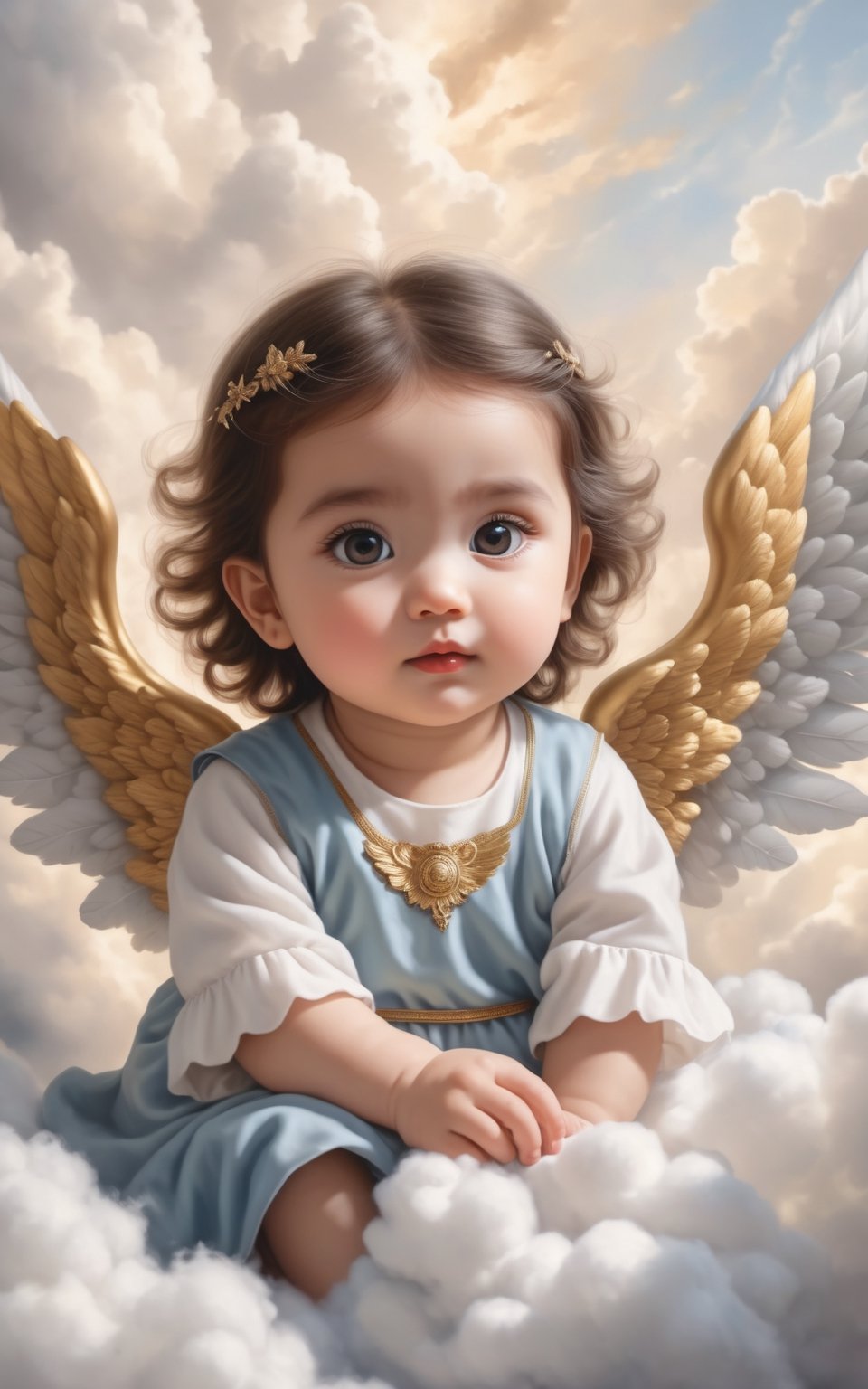 an ultra-realistic and stunning  a painting of an angel sitting on a cloud, trending on cg society, cute large eyes, 240p, very detailed and high quality, 360*