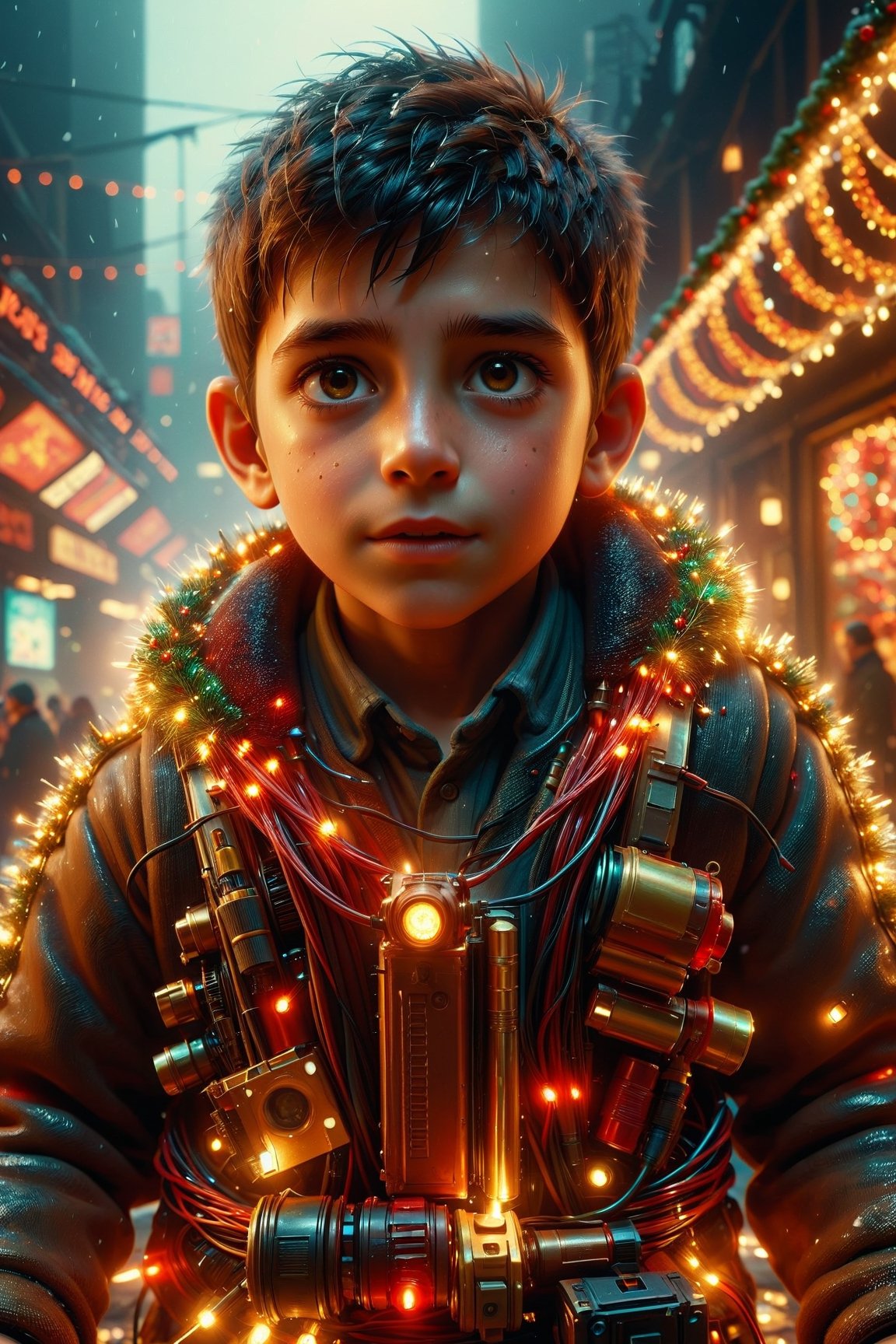 a  kid extremly happy, big eyes, extreme expression, after receiveing a christmas gift having fun, christmas theme, trending on artstation, 4k  , sharp focus, emitting diodes, smoke, artillery, sparks, racks, system unit, motherboard, by pascal blanche rutkowski repin artstation hyperrealism painting concept art of detailed character design matte painting, 4 k resolution blade runner