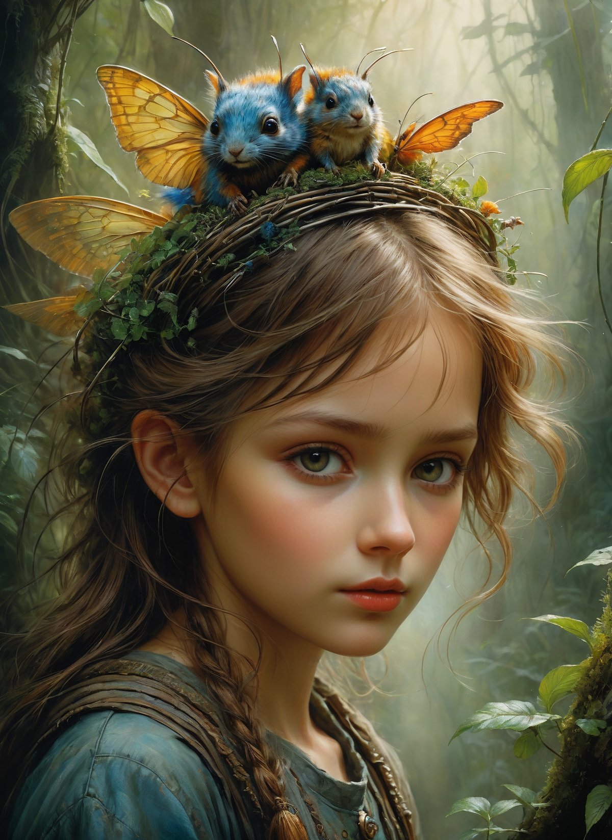 art by Mandy Disher, digital art 8k, Jean-Baptiste Monge style, art by cameron gray, ultra realistic surreal depiction of an innocent, fantasy character right next to a juvenile creature from mythology, distinct, enticing facial features, wide, innocent eyes embraced in sharp focus, dehazed, nestled within an alluring, vibrant dreamland forest, labyrinthine celestial firmament, swirling clouds, colossal castle, complex details, insanelly detailled, volumetrics clouds, stardust, beautiful look, detailed hair, ultra focus,face ilumined,face detailed, 8k resolution, watercolor, razumov style. art by Razumov and Volegov, art by Carne Griffiths and Wadim Kashin rutkowski repin artstation hyperrealism painting concept art of detailed character design matte painting,4 k resolution blade runner, sharp focus, emitting diodes, moke,artillery,sparks,racks,system unit,motherboard, by pascal blanche rutkowski repin artstation hyperrealism painting concept art of detailed character design matte painting, 4 k resolution , in the style of esao andrews,aesthetic portrait