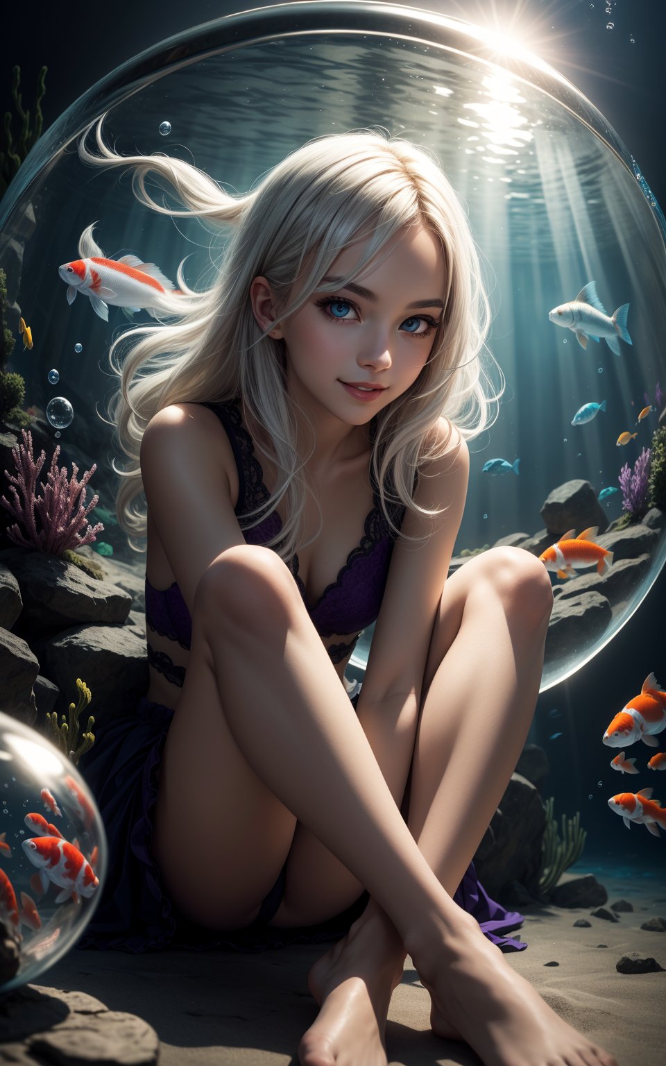 (((masterpiece))),(((best quality))),(((extremely detailed))),illustration, 1girl,solo,mysterious,vivid color,shiny, underwater transparent sealed hemispherical glass dome, (white hair),(purple eyes), full body,barefoot,long hair tranquil nature, koi,Underwater, Dome,close up,Dynamic actions,Lens perspective,(((Box composition))),sit cross-legged and lean against the bookshel, volumetric lighting, multi-color eyes, detailed eyes, hyper detailed,light smile, highly detailed, beautiful, small details, ultra detailed, best quality, intricate, 4k, 8k, trending on artstation, good anatomy, beautiful lighting, award-winning,