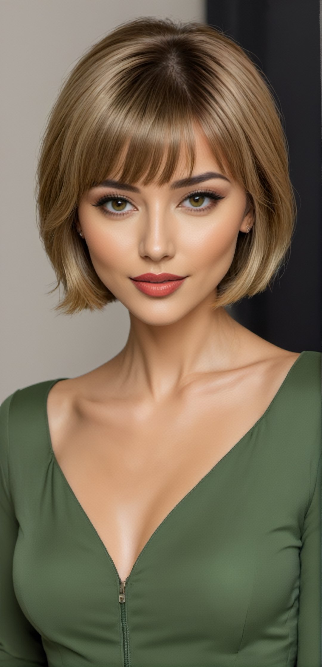 Woman, perfect face, make-up, cheeky short hair with bangs in blond, colored lips, fashionable dress with bolero jacket, dark olive green, plain standing sideways, real (3/4 body)