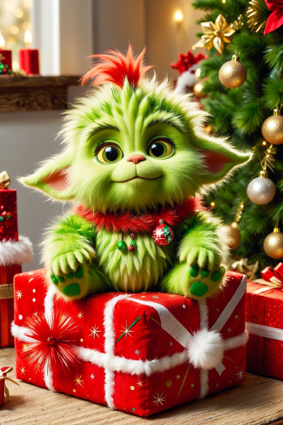 Fluffy baby Grinch with gifts for Christmas