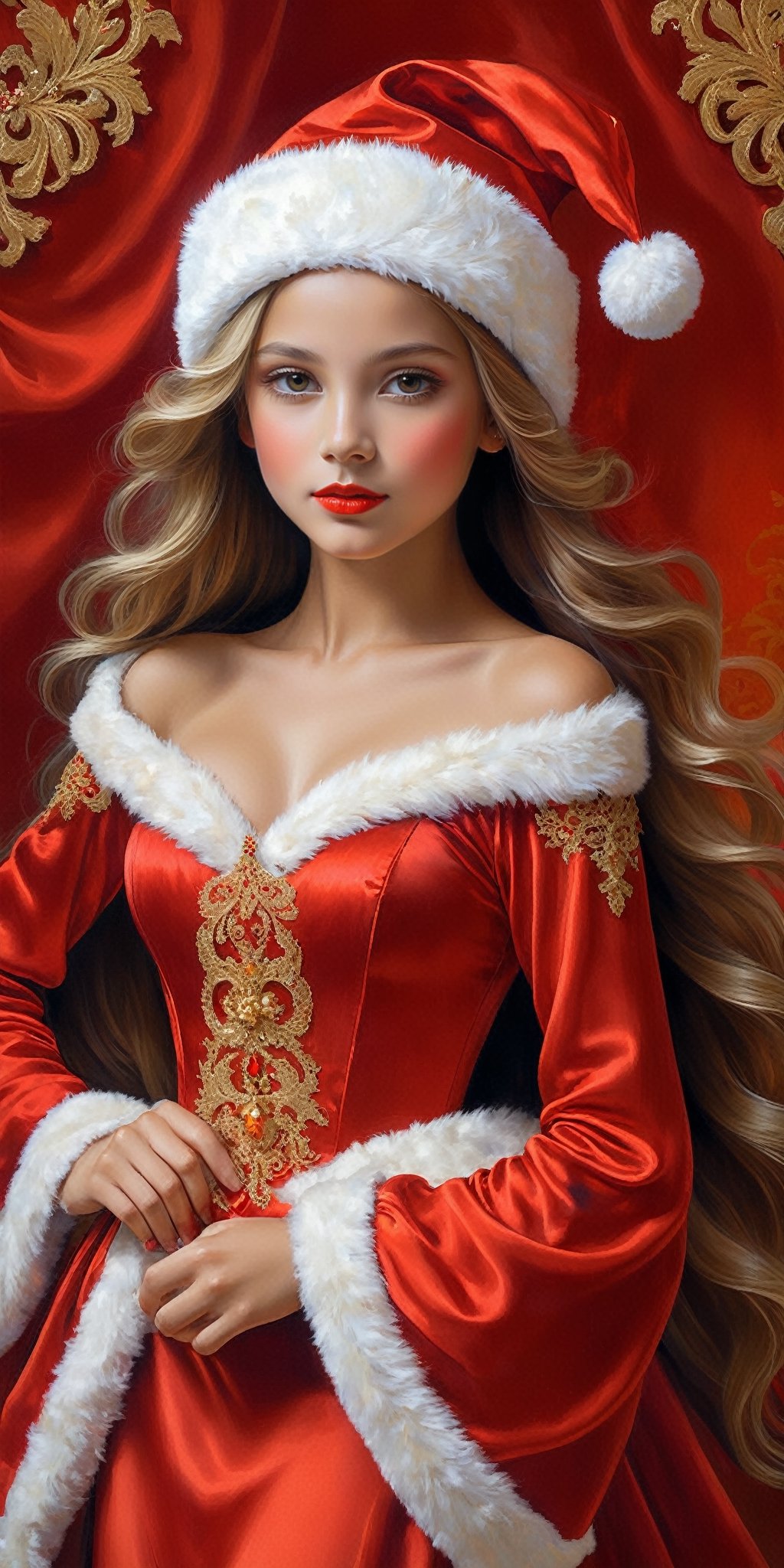 An anthropomorphic girl wearing a Santa Claus hat is the main subject of this captivating image. Designed by Brom, the exquisite red silk of her dress is adorned with intricate golden filigree. The girl stands against a breathtaking Christmas background, adding to the festive ambiance. The image, whether a painting, photograph, or digital creation, showcases the richness of color and attention to detail. With its high artistic quality, this visually stunning portrayal of the anthropomorphic girl evokes a sense of awe and admiration.