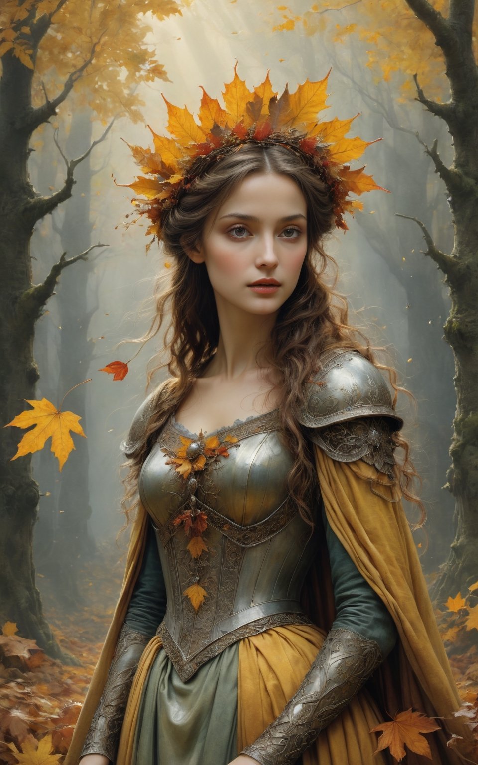 The autumn bride. A beautiful woman dressed in the colors of autumn, yellow, brown and rust-colored leaves. A Epic art Illustration by Jean-Baptiste Monge and Alan Lee paint style, created a award-winning painting with incredible details. Superior and unique Fantasy Art paint illustrations, stunning fantasy scene features, center the scene, crisp quality, sharp focus, old clotes, forest, medieval, old metal, rust, fine art, beautiful, awesome fantasy,  intricate, sharp focus, fairytale illustration, highly detailed, digital art, concept art, epic movie 8k, epic pose, posters. Unreal engine 5 rendering 4k., black and white still, digital Art, perfect composition, beautiful detailed intricate insanely detailed octane render trending on artstation, 8 k artistic photography, photorealistic concept art, soft natural volumetric cinematic perfect light, chiaroscuro, award - winning photograph, masterpiece, oil on canvas, raphael, caravaggio, greg rutkowski, beeple, beksinski, giger