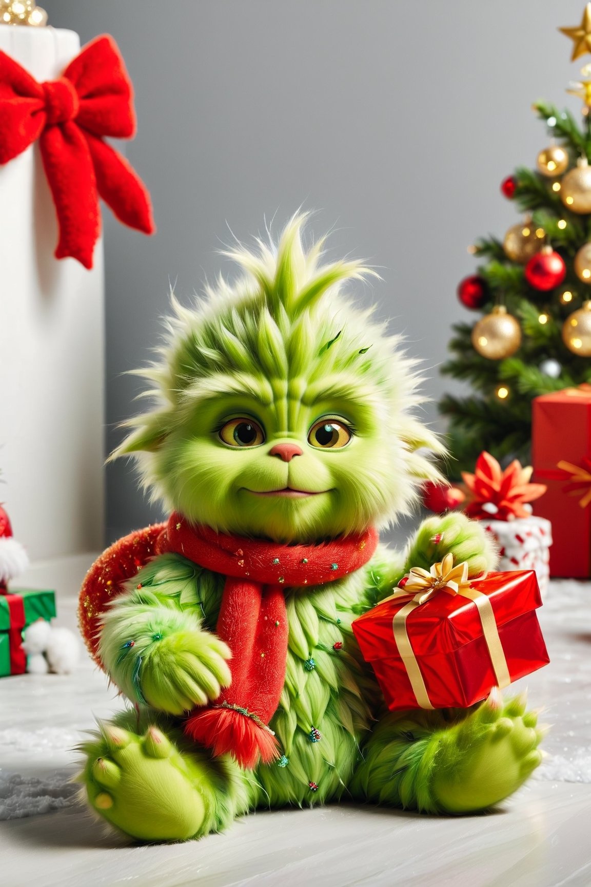 Fluffy baby Grinch with gifts for Christmas