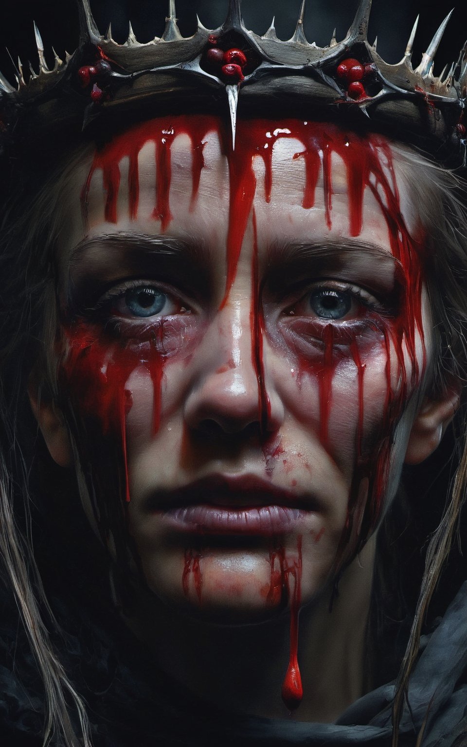 An ultra hd detailed, stunning, hyper realistic nunn with blood dripping all over her face with a crown of thorns, Contemplative mood, wide angle, macro portrait, long exposures, hd, a photorealistic painting by Gottfried Helnwein, behance, gothic art, ultra sharp focus, hyperrealism, photorealistic, 16k,