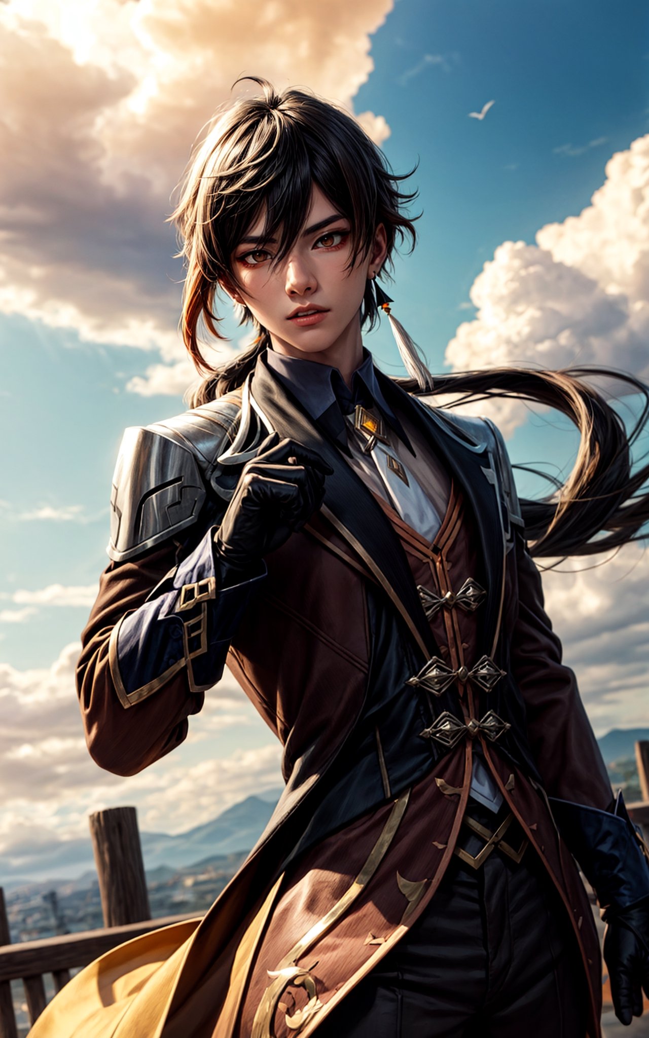 zhongli (genshin impact), male focus, jewelry, long hair, 1boy, solo, earrings, bangs, gloves, ponytail, black gloves, multicolored hair, brown hair, hair between eyes, single earring, thumb ring, jacket, tassel earrings, long sleeves, tassel, looking at viewer, cloud, yellow eyes,gradient hair, suit, black hair, cloudy sky,character (series)