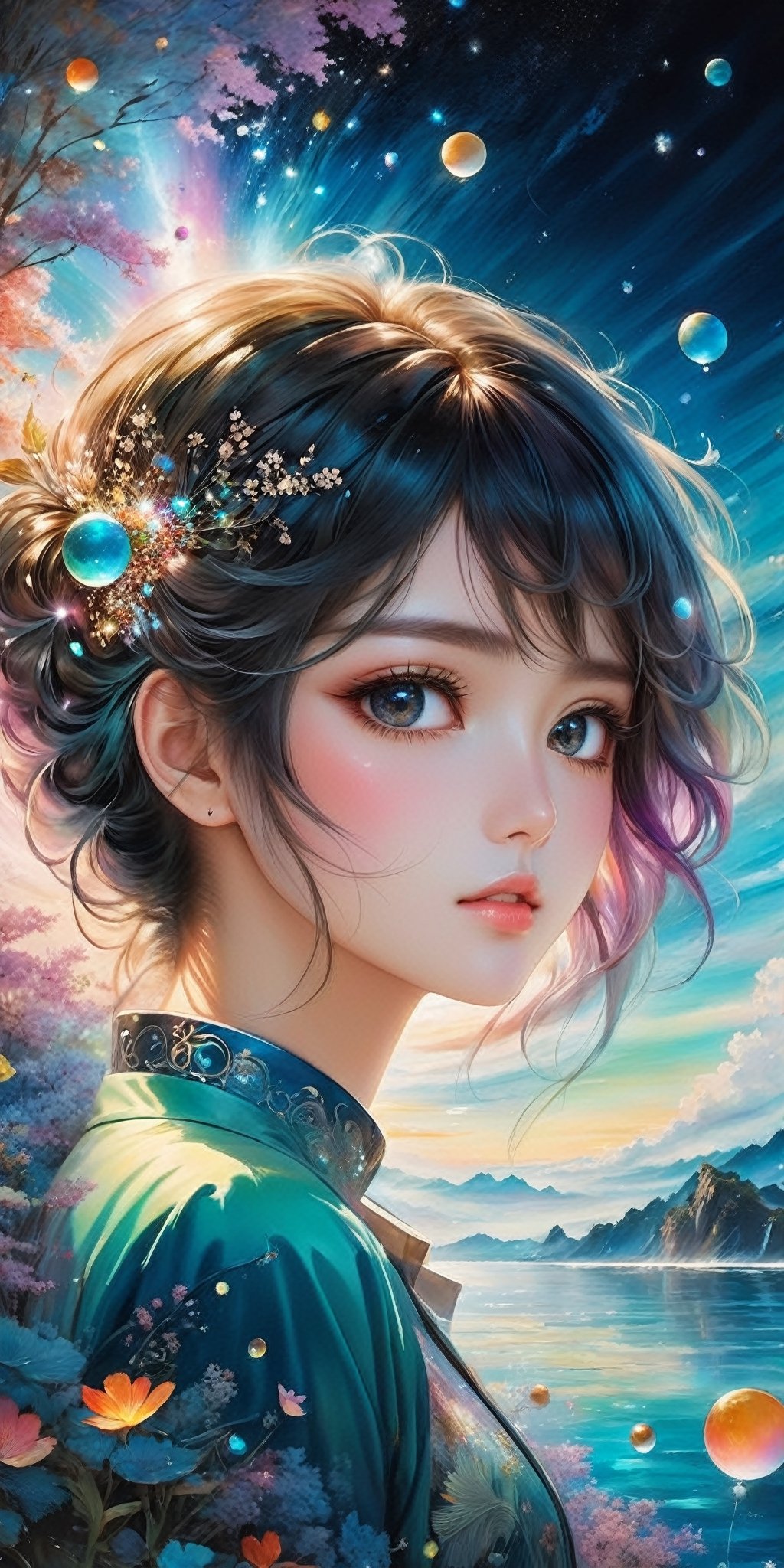 In Yuumei's mesmerizing art piece, a captivating painting captures the essence of human connection. The main subject is a multidimensional, intricately layered portrait showcasing delicate brushstrokes that seamlessly blend warm hues with cool tones. The highly detailed image evokes a sense of wonder and emotion, as Yuumei skillfully captures the subtle nuances of the subject's expression. With a perfect harmony of colors and textures, this imaginative artwork transports viewers into a realm of reflection and introspection. Deep of field, ray tracing, rich colors palette,sdxl