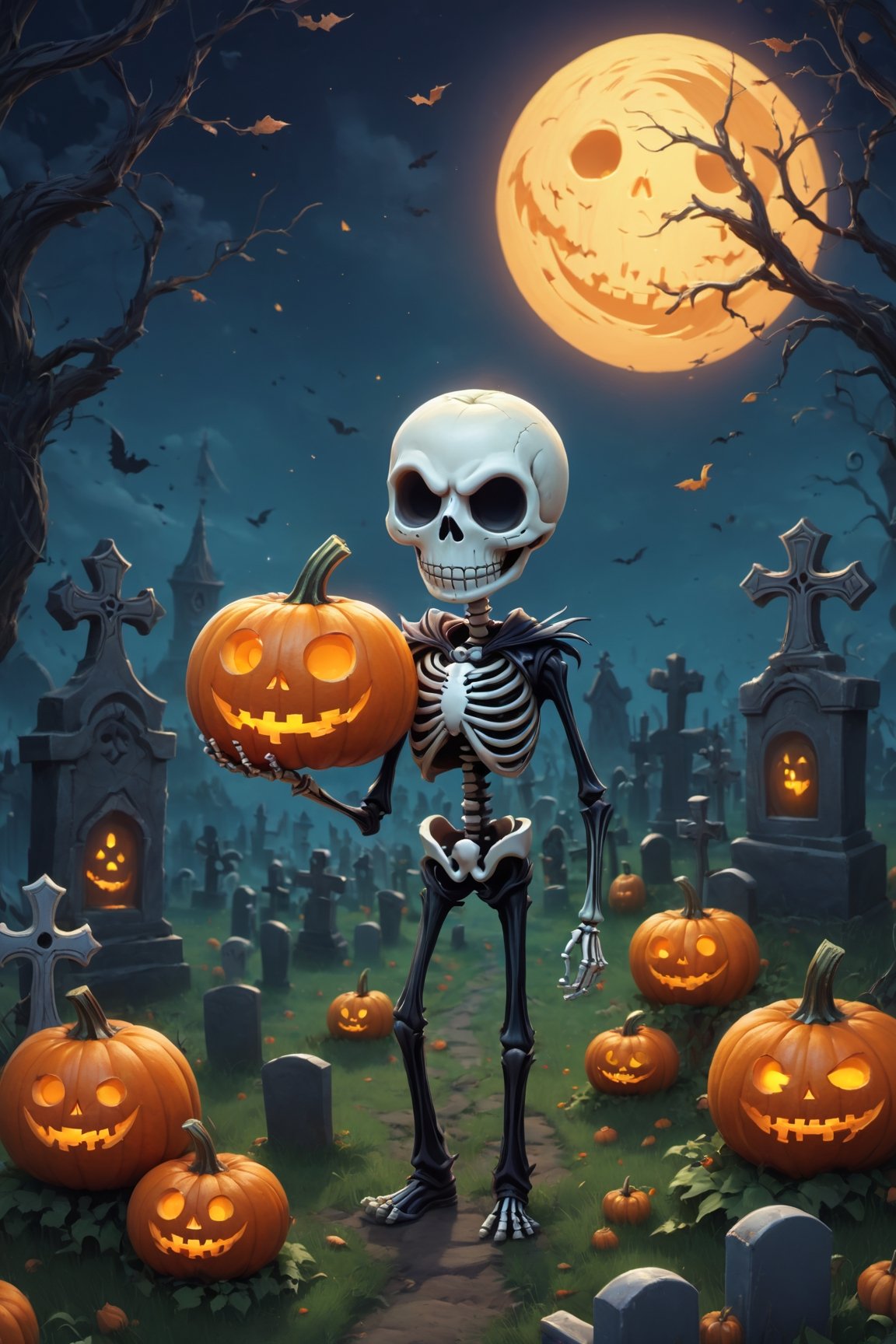 a cartoon character holding a pumpkin in a graveyard, Artstation contest winner, sakimichan frank franzzeta, cute skeleton, profile picture, chibi art, album art, cutecore, jack skellington, marc adamus, incredibly cute, profile image, painfully adorable, absolutely outstanding image, 🌺 cgsociety, dia de muertos