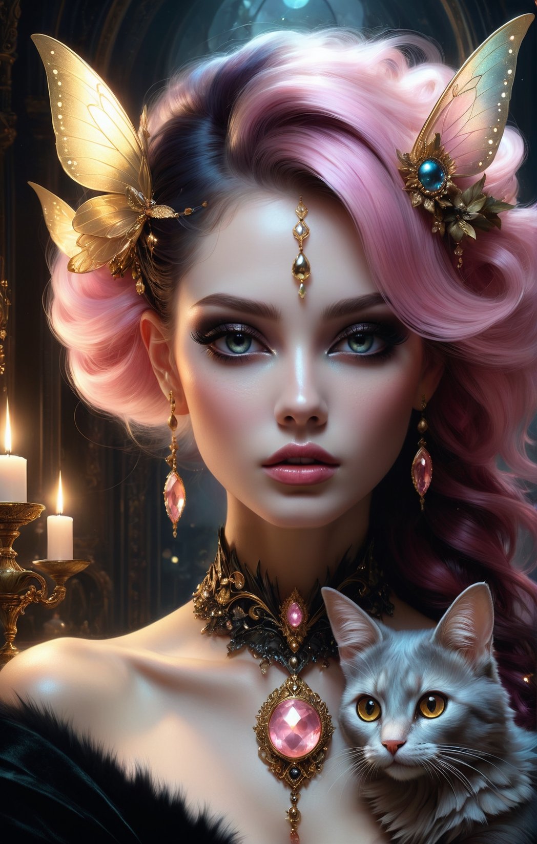 Ultra detailed digital art masterpiece, face portrait, mysterious beautiful fairy woman ignores a cute furry creature next to her, dark pearl, gold pink fur, delicious dessert, Tom Bagshaw, Anne Bachelier, mixed with dark elements, dark environment, very dark night, clean dark velour fairy clothing, no make up, natural face, nose piercing, abstract, big shiny eyes, ultra detailed atmospheric details, beautiful glowing effects, sparkle effects, realistic body proportions, beautiful face proportions, complex masterpiece, wild hair style, creative glowing detailed tattoos, complex physics, enhanced colors, complimentary colors, ultra detailed raytracing reflections, Ultra detailed complex background