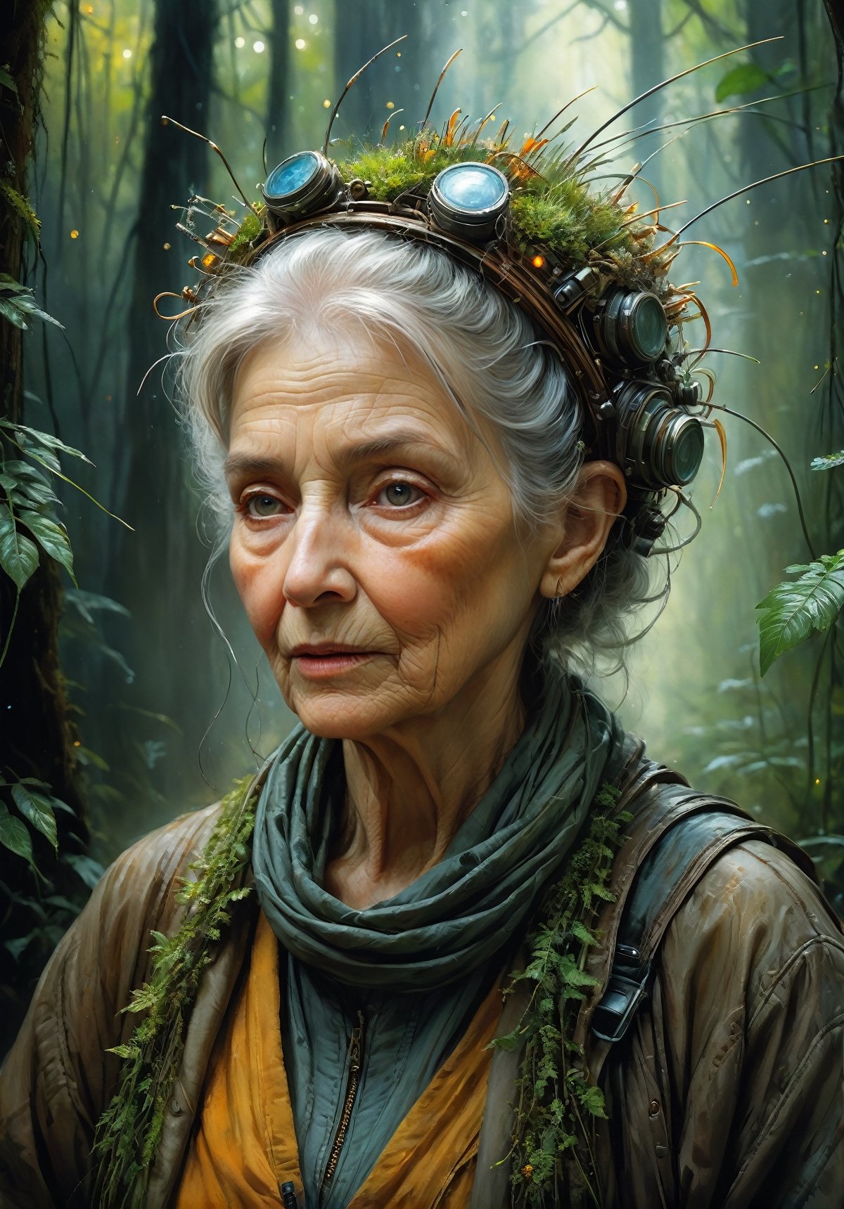 art by Mandy Disher, digital art 8k, Jean-Baptiste Monge style, art by cameron gray, ultra realistic surreal depiction of an soft light on face, glossy eyes, surrounding by lots of glowworms the spirit of the nature as a old elder woman at a dark exotic forest at night, complex details, complex background, insanelly detailled, volumetrics clouds, stardust, beautiful look, detailed hair, ultra focus,face ilumined,face detailed, 8k resolution, watercolor, razumov style. art by Razumov and Volegov, art by Carne Griffiths and Wadim Kashin rutkowski repin artstation hyperrealism painting concept art of detailed character design matte painting,4 k resolution blade runner, sharp focus, emitting diodes, moke,artillery,sparks,racks,system unit,motherboard, by pascal blanche rutkowski repin artstation hyperrealism painting concept art of detailed character design matte painting, 4 k resolution , in the style of esao andrews,aesthetic portrait