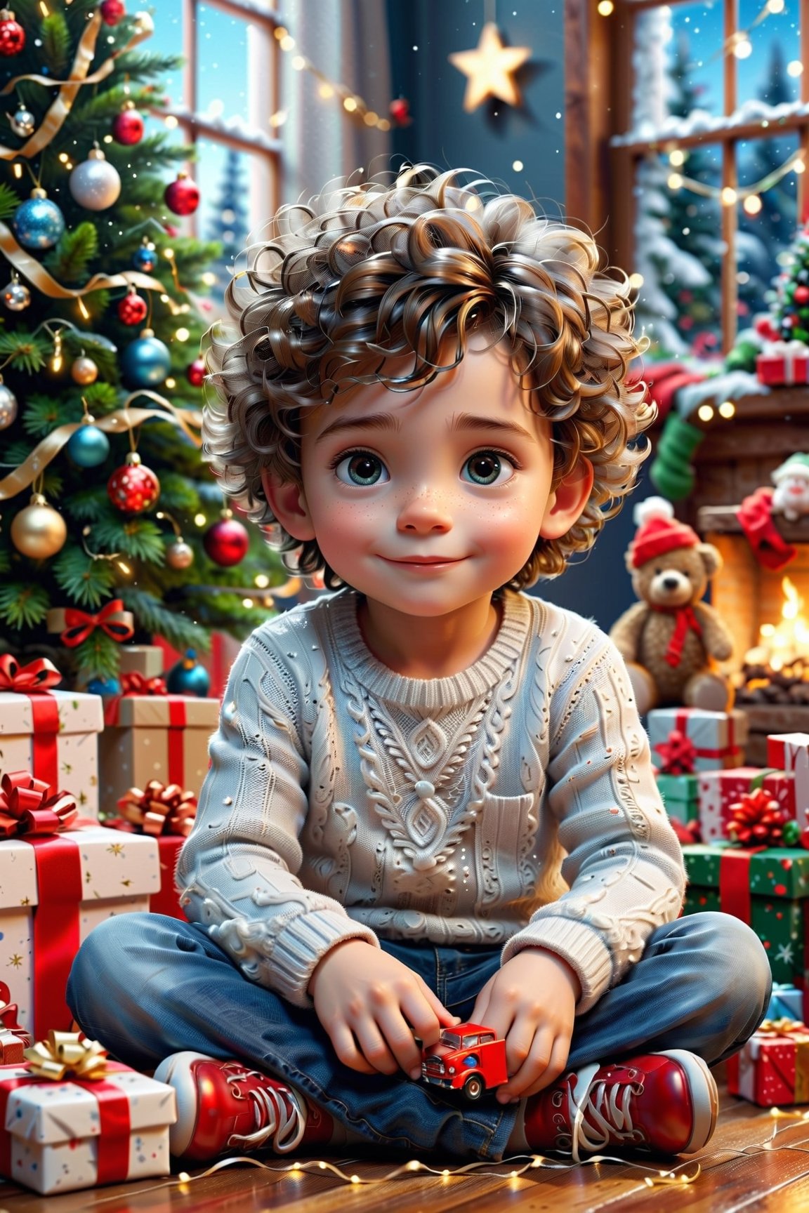 an ultra-realistic and stunning gorgeous little boy
, sitting in front of a Christmas tree, living room background, happy looking at Christmas presents, curly hair, toy cars scattered across the floor, realistic style, digital-art, Icicle Lights, by Marie Angel, fantasy art, ultra realistic photo, fairy, cute and lovely, with a white complexion, has a very realistic look to it, cute little creature, beautifully painted