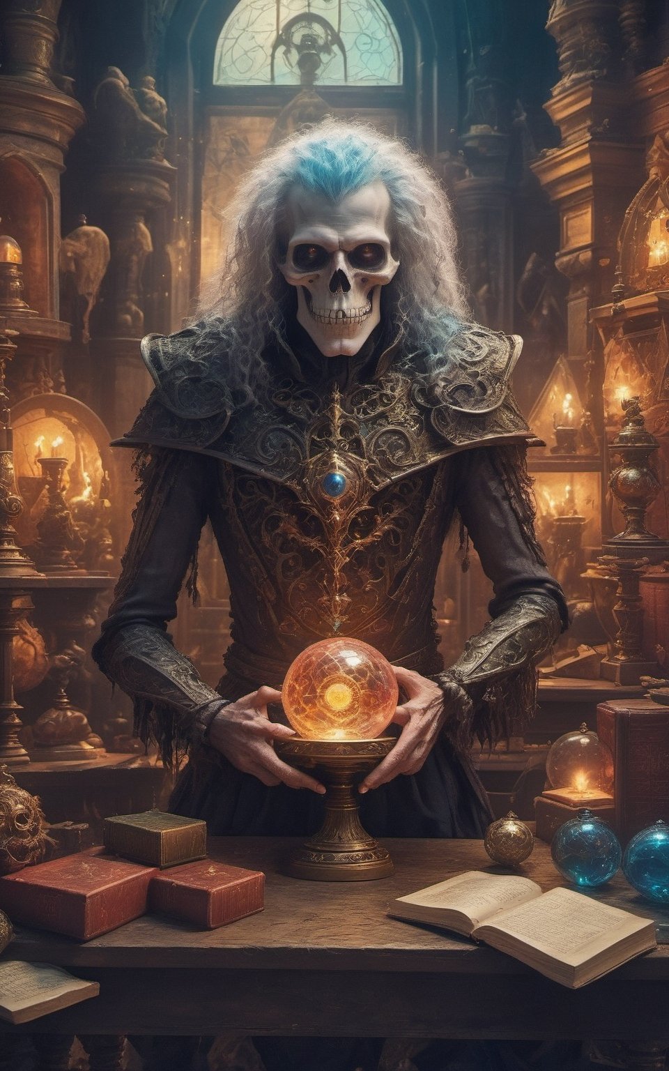 Insane detailed body  ghoul  monster holding crystal ball, inside a study room, stack of books, Gothic architecture, Cluttered with relics and magic items, Potions, Spell books, crystal Ball, Epic cinematic brilliant stunning intricate meticulously detailed dramatic atmospheric maximalist digital matte painting, realistic, complementary colors,inst4 style