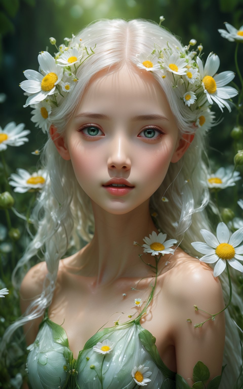 film grain, skin details, high detailed skin texture, 8k hdr,  glossy luminous fairy walking among white daisies, long white hair, delicate hyperdetailed pretty face, leaves and buttercups, fantasy, shine skin and hyperdetailed cute young face and anatomically correct fairy body , a 3D render, by Jason Chan, fantasy art,  diorama macro photography, with photorealistic lighting, hyper realistic ”, guweiz masterpiece, sakimichan frank franzzeta, paul barson, krenz cushart and wenjun lin, annie stegg gerard,style raw,ultra sharp focus, hyperrealism, photorealistic, 16k, unreal engine, ,NYFlowerGirl