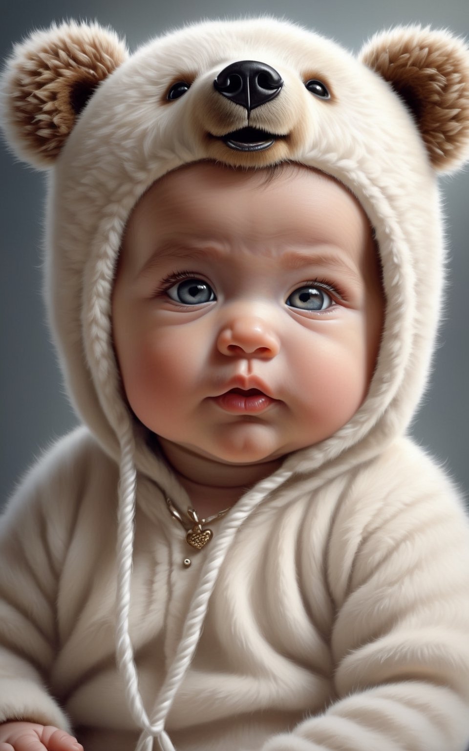 an ultra-realistic and stunning baby, adorned with an adorable bear hat. The delicate innocence captured in this scene evokes a sense of tranquility and pure bliss, photorealistic!!!!!!! art style, by Mark Brooks, cute cartoon character, just a cute little thing, face with artgram, kids, painfully adorable, piercing grey eyes, very very very beautifull face, cute and funny, 