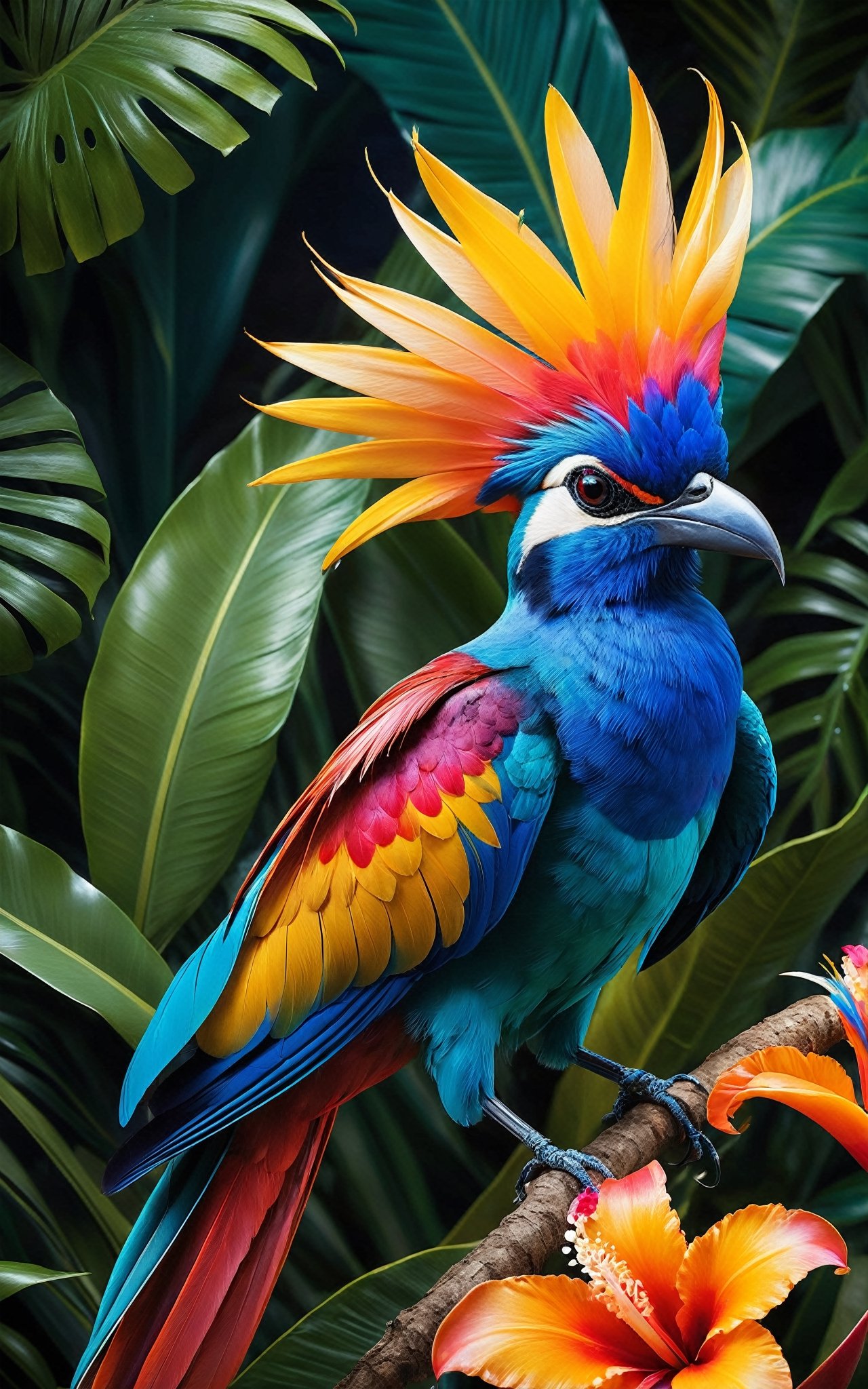 A breathtakingly beautiful tropical flower and a dazzling tropical bird are depicted in this stunning masterpiece. The intricate details of the tiny spirit female and the vibrant colors of the surroundings are captured with incredible precision in a wide-angle photograph of exceptionally sharp focus and high resolution. The image showcases the exquisitely delicate features of the flower and the mesmerizing plumage of the bird, creating a visual feast for the eyes. The high quality of this artwork allows viewers to fully appreciate the intricate beauty and colorful splendor of these tropical wonders.,Digital painting 