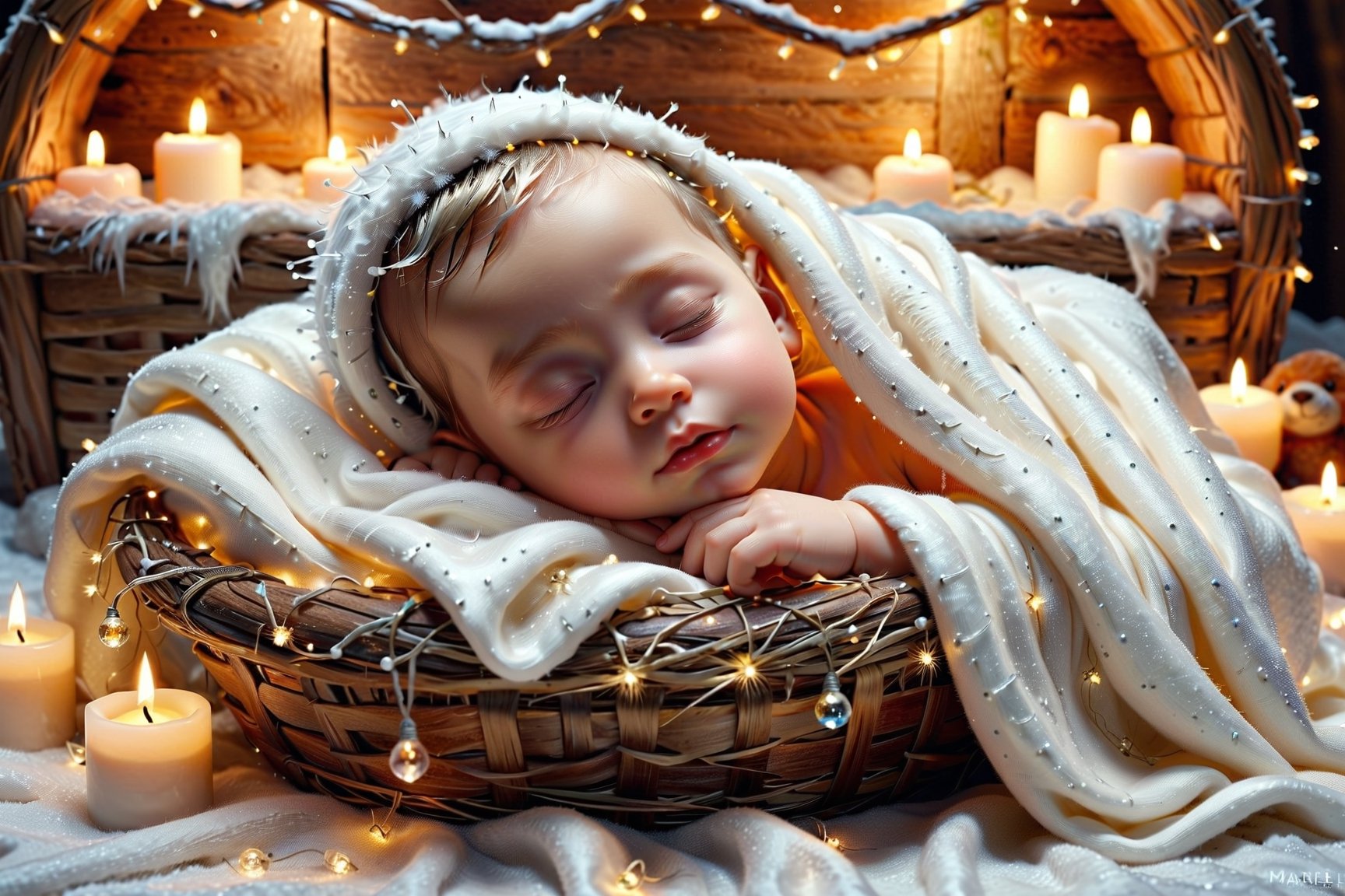 an ultra-realistic and stunning gorgeous Baby child, lying in a manger, little eyes closed, wrapped with a light cream blanket, realistic style, digital-art, Icicle Lights, by Marie Angel, fantasy art, ultra realistic photo, fairy, cute and lovely, with a white complexion, has a very realistic look to it, cute little creature, beautifully painted