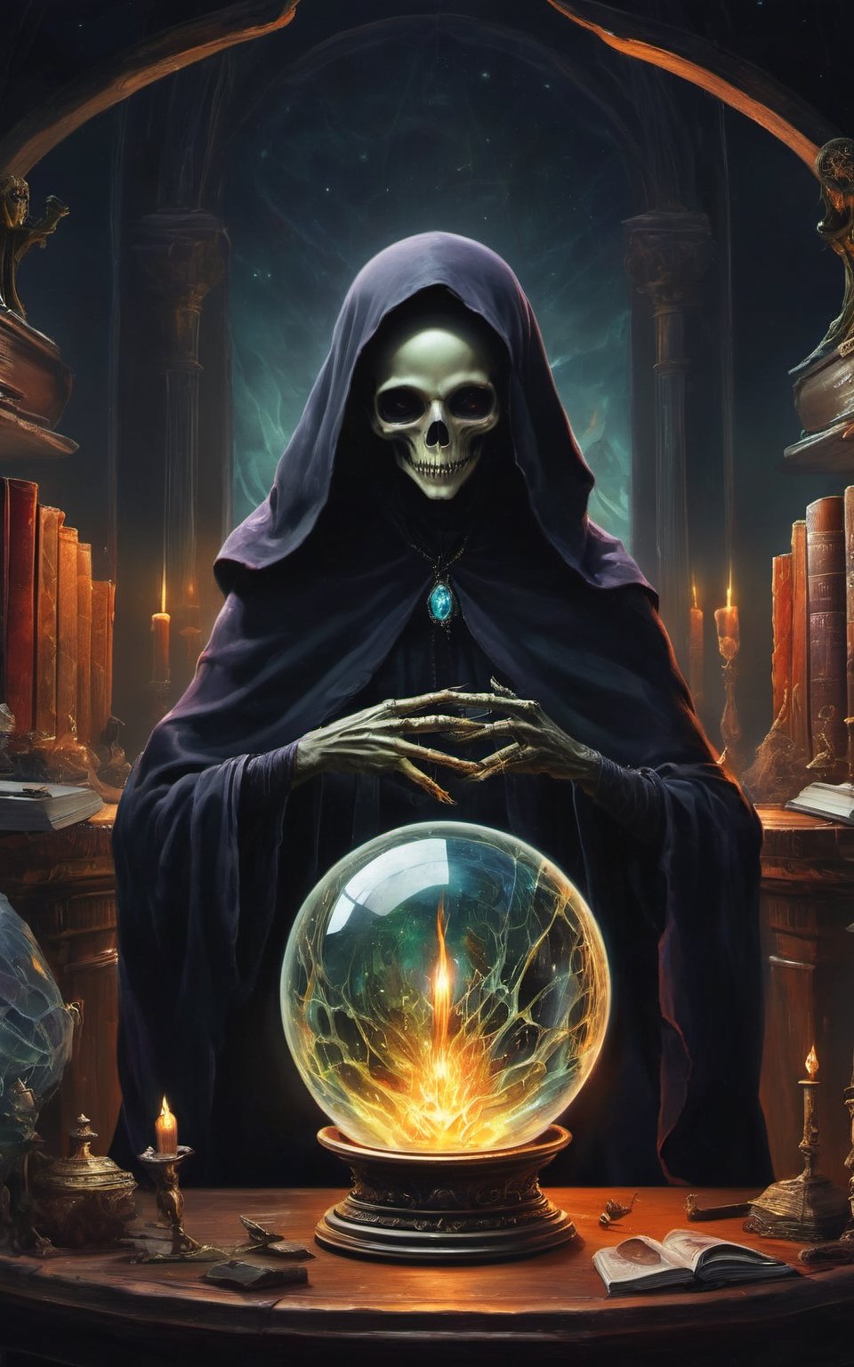 With in a mystical study room, books, library, a witch ghoul immerses herself in the secrets of black magic, her gaze locked on a ((crystal ball)). Inside the crystal, a ghoul emerges, its horrifying visage captured with remarkable realism, a testament to the dark forces at play