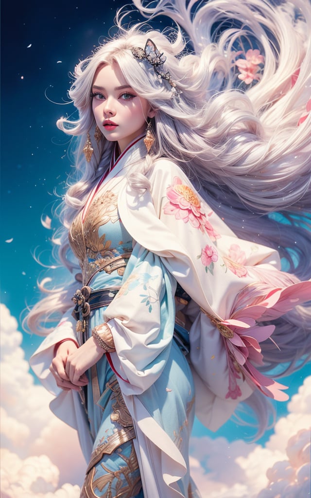 A Ultra realistic, a stunningly ultra detailed young female with long hair wearing detailed and intricate white and silver hanfu ancient clothes, in a detailed celestial empire , onmyoji , glowy  candy clouds, illustration, traditional chinese art merged with art nouveau, ink lines,  art by alberto seveso, artgerm, loish, sf, intricate artwork masterpiece, ominous, matte painting movie poster, golden ratio, trending on cgsociety, intricate, epic, trending on artstation, by artgerm, h. r. giger and beksinski, highly detailed, vibrant, production cinematic character render ultra-high quality, 32k , perfect detailed, ultra sharp focus