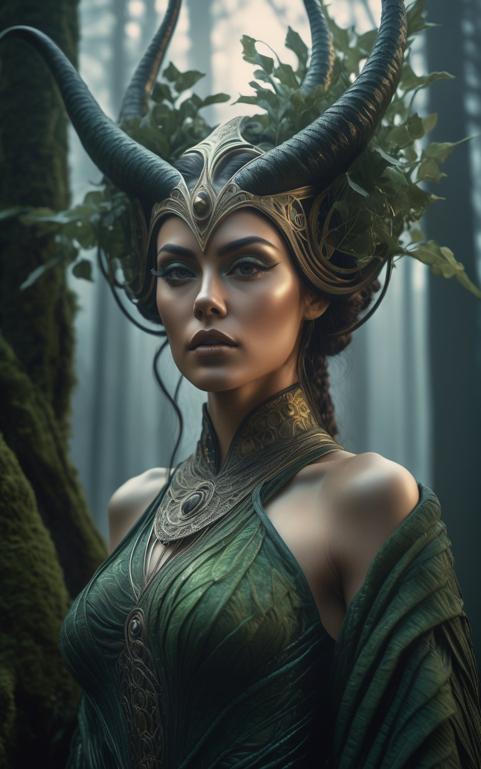 Midjourney style, ultrarealistic, a beautiful dryad woman through a misty forest, (many trees)  perfect detailed face, detailed symmetric circular iris, Peaky Blinders aesthetic, realistic, 3d render, octane render, intricately detailed, cinematic, trending on artstation, Isometric, Centered hypereallistic cover photo, awesome full color, hand drawn, dark, gritty, mucha, klimt, erte 12k, hight definition, cinematic, neoprene, behance contest winner, portrait featured on unsplash, stylized digital art, smooth, ultra high definition, 8k, unreal engine 5, ultra sharp focus, intricate artwork masterpiece, ominous, epic,trending on artstation, by artgerm, h. r. giger and beksinski, highly detailed, vibrant