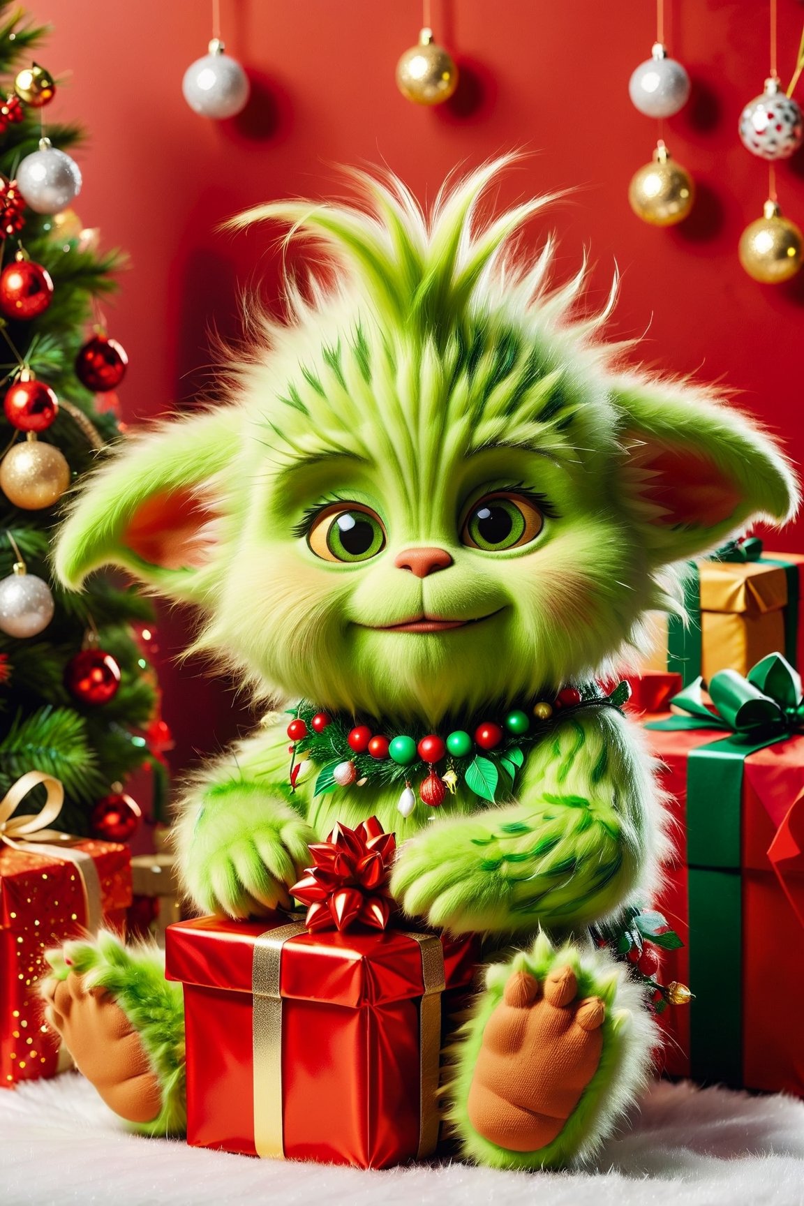 Fluffy baby Grinch with gifts for Christmas