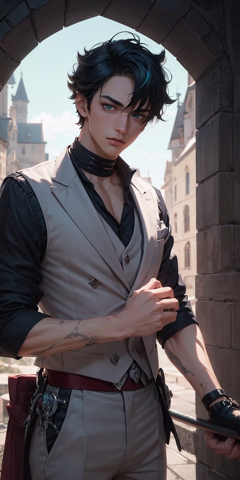 1boy, (man), manly body, anime, extremely detailed, hyper detailed, (broad shoulders), (PERFECT FACE), illustration, soft lighting, 2d, intricate, cowboy shot, detailed eyes, black hair, short hair, teal eyes, sexy, toned, black tuxedo, (outside), castle tower