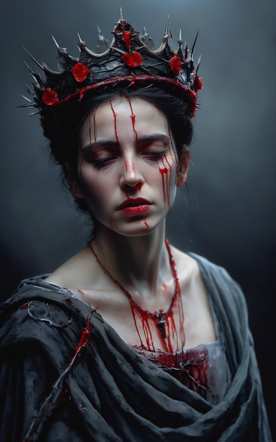 An ultra hd detailed, stunning, hyper realistic nunn with blood dripping all over her face with a crown of thorns, Contemplative mood, wide angle, macro portrait, long exposures, hd, a photorealistic painting by Gottfried Helnwein, behance, gothic art, ultra sharp focus, hyperrealism, photorealistic, 16k,