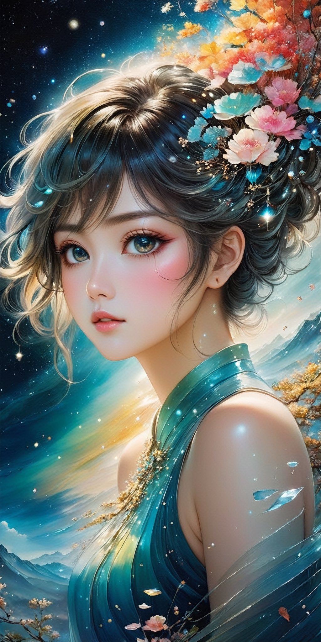 In Yuumei's mesmerizing art piece, a captivating painting captures the essence of human connection. The main subject is a multidimensional, intricately layered portrait showcasing delicate brushstrokes that seamlessly blend warm hues with cool tones. The highly detailed image evokes a sense of wonder and emotion, as Yuumei skillfully captures the subtle nuances of the subject's expression. With a perfect harmony of colors and textures, this imaginative artwork transports viewers into a realm of reflection and introspection. Deep of field, ray tracing, rich colors palette,sdxl