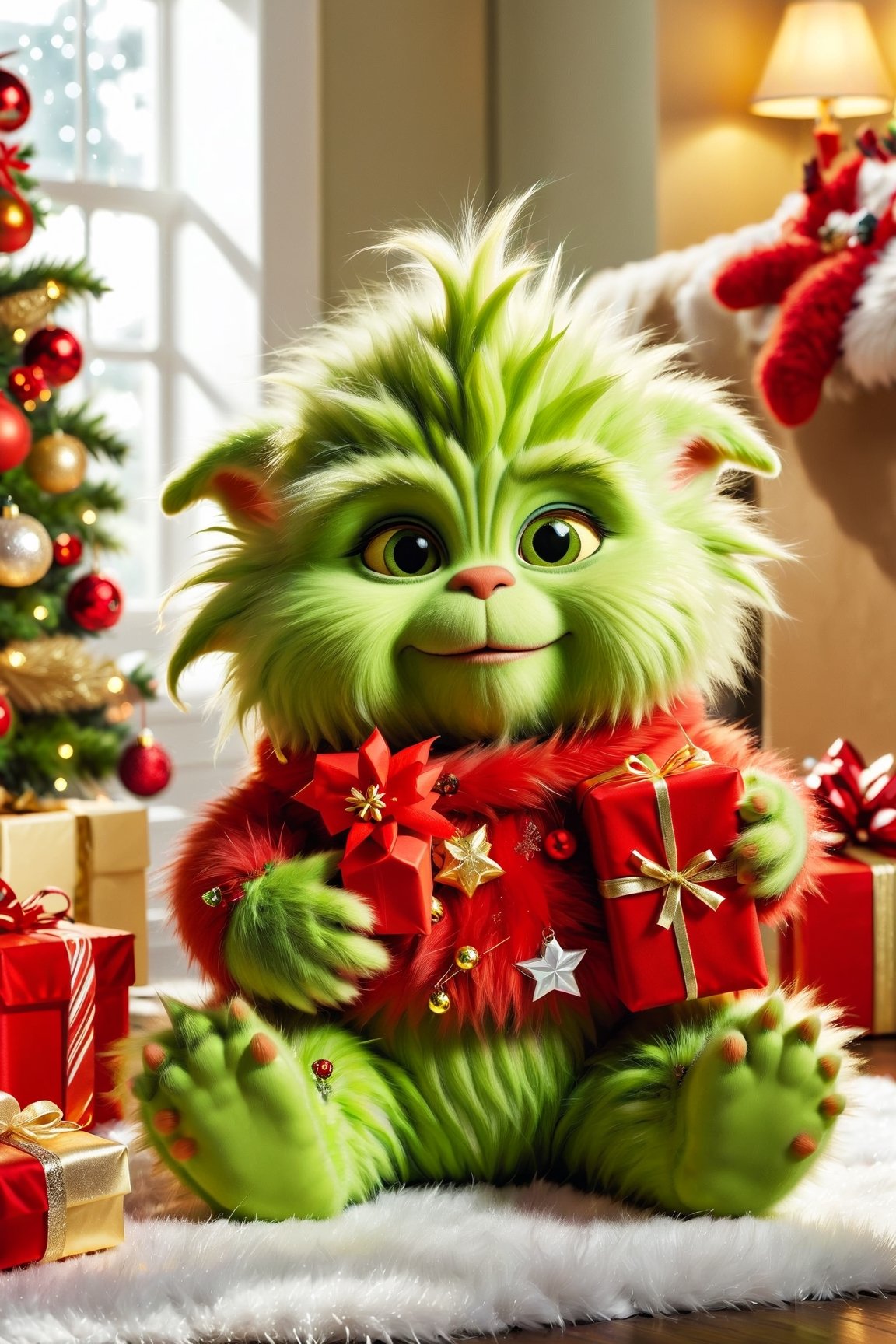 Fluffy baby Grinch with gifts for Christmas