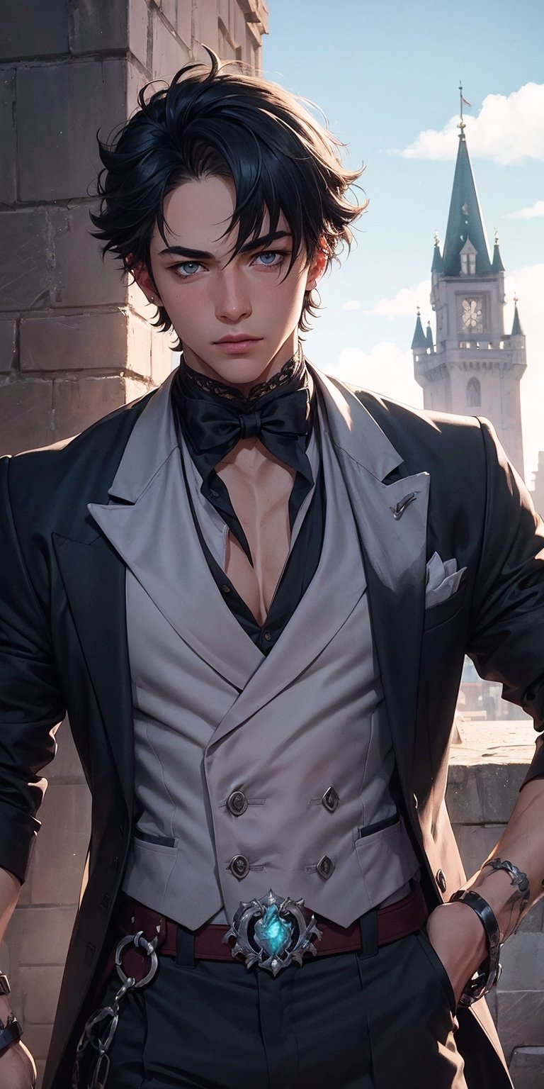 1boy, (man), manly body, anime, extremely detailed, hyper detailed, (broad shoulders), (PERFECT FACE), illustration, soft lighting, 2d, intricate, cowboy shot, detailed eyes, black hair, short hair, teal eyes, sexy, toned, black tuxedo, (outside), castle tower