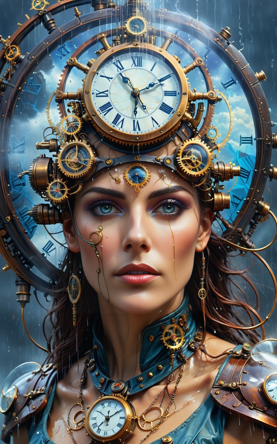 an ultra-realistic and stunning high quality steampunk portrait of the woman called Goddess Time with a clock for a head played by Sam Elliott, clock goggles, amazing background, by tomasz alen kopera and peter mohrbacher, dripping sparks, rain, sharp focus, clear, vibrant, denoised, intricately detailed, amazing clock, 8k, steampunk clock render engine, oil painting, heavy strokes, paint dripping, style raw,ultra sharp focus, hyperrealism, photorealistic, 16k, unreal engine,photo r3al