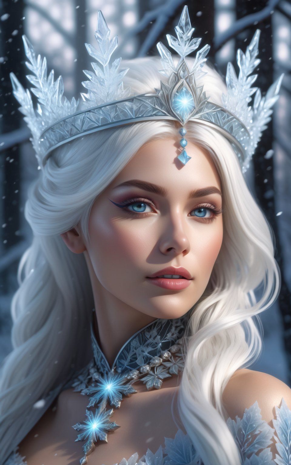 Woman with platinum hair, in a dress of ice flowers, a beautiful crown on her head, detailed face, detailed skin, front, background frozen forest, cover, unzoom, choker, hyperdetailed painting, luminism, Bar lighting, complex, 4k resolution concept art portrait by Greg Rutkowski, Artgerm, WLOP, Alphonse Mucha, little fusion pojatti realistic goth, fractal isometrics details bioluminescens : a stunning realistic photograph 30 years