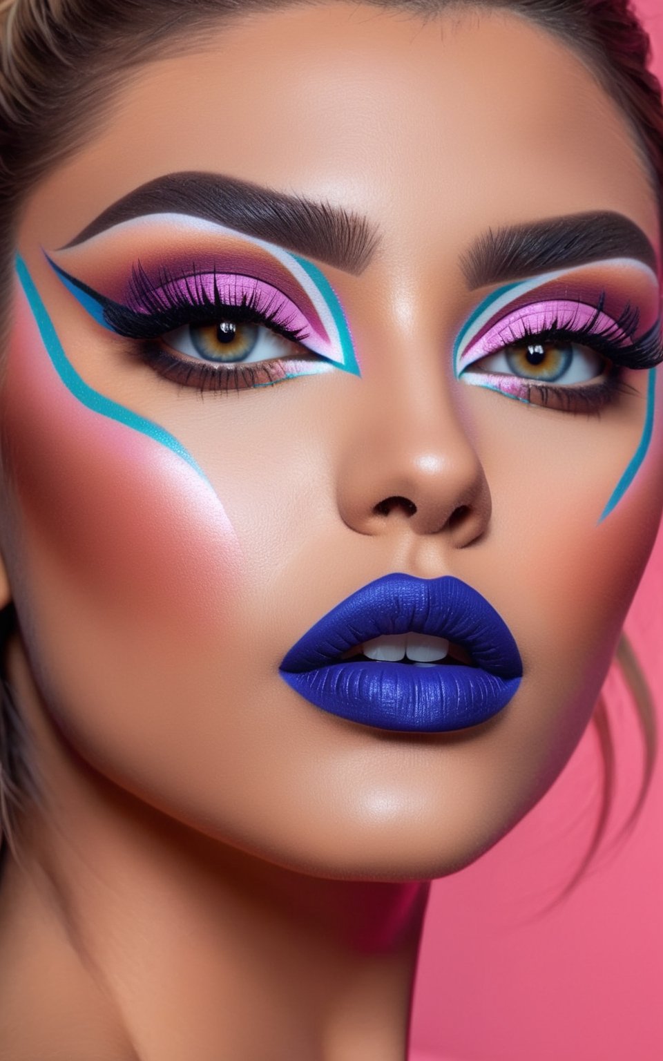 An ultra hd detailed, stunning, hyper realistic Bold and bright makeup looks, with natural eyeshadow, bold lips, and creative designs; Female portraiture; rule of thirds,  pastel color, sharp focus, hyperrealism, photorealistic, 16k, unreal engine