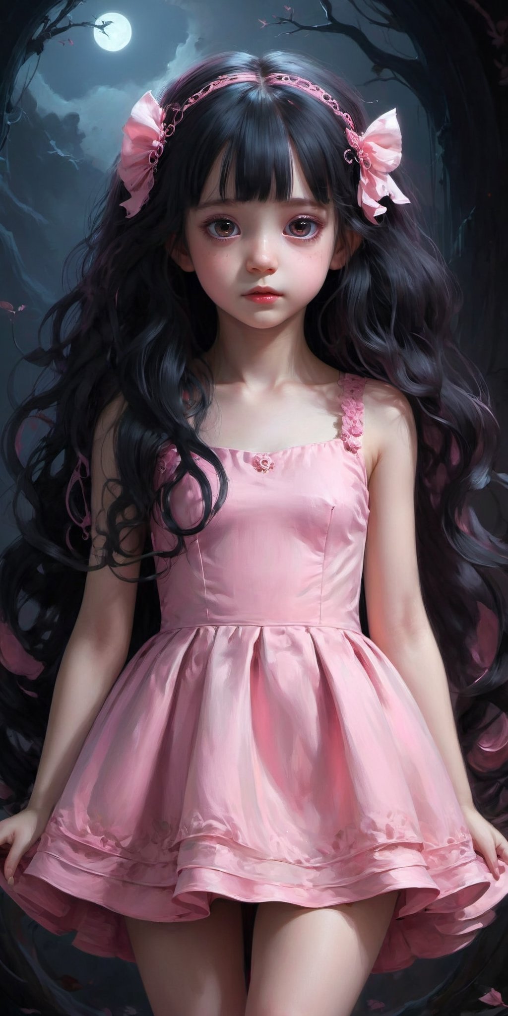 a girl with long black hair wearing a pink dress, a digital painting, inspired by WLOP, creepy child, high detailed cartoon, with haunted eyes and curly hair, character designs painting, 3 d character concept artwork, style of dragan bibin, small curvy loli, diego dayer, girl in a dress, wide angle